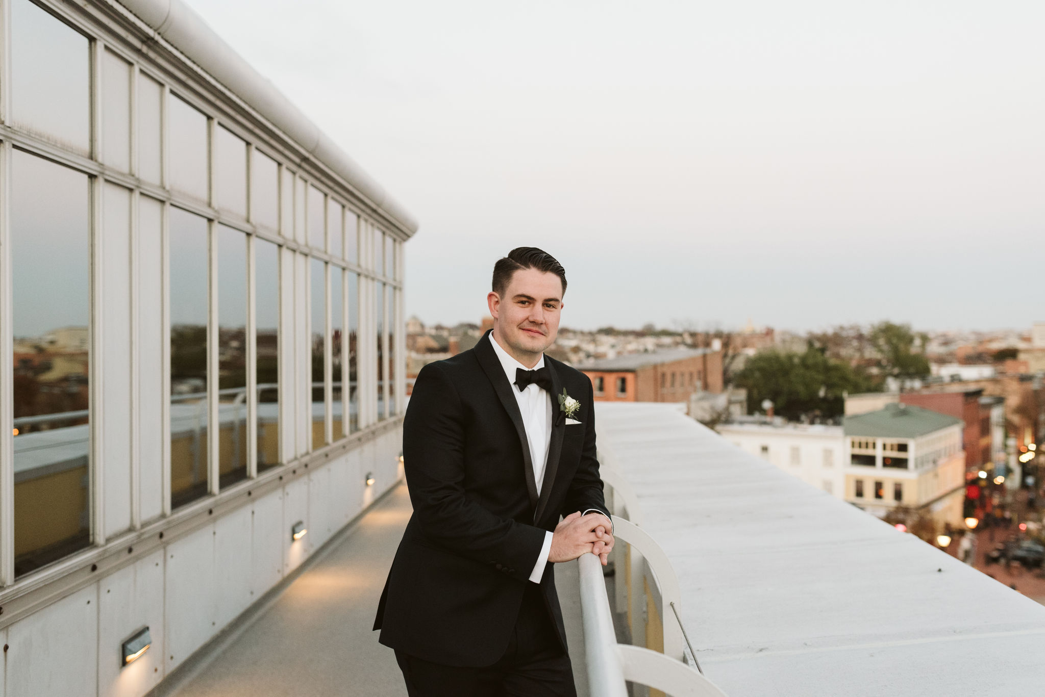  Baltimore, Fells Point, Maryland Wedding Photographer, Winter Wedding, Historic, Classic, Vintage, Portrait of Groom on Rooftop, Seigo Neckware 