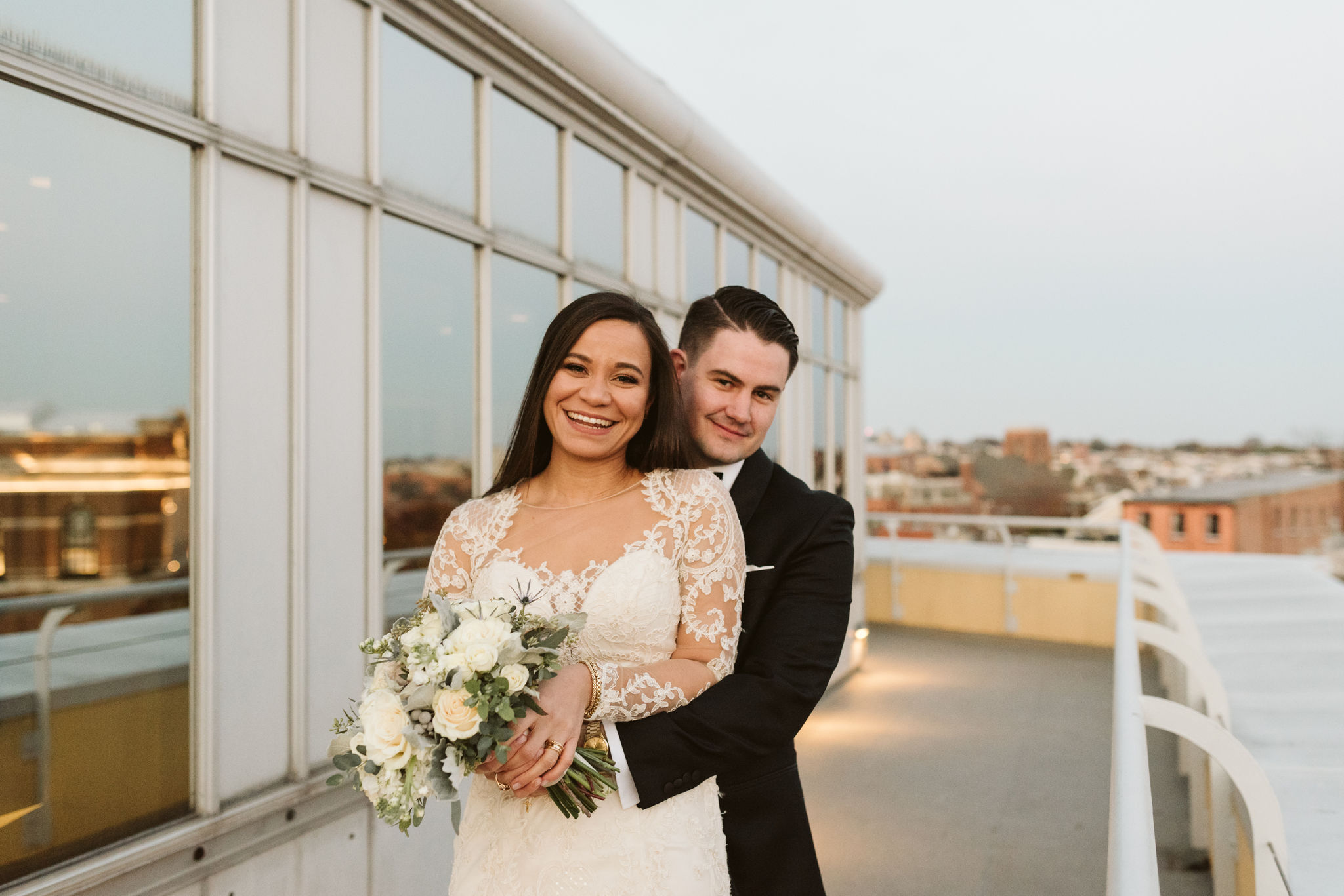  Baltimore, Fells Point, Maryland Wedding Photographer, Winter Wedding, Historic, Classic, Vintage, Portrait of Bride and Groom on Rooftop, Lace Wedding Dress, Black Suit, Beauty by Jacs 