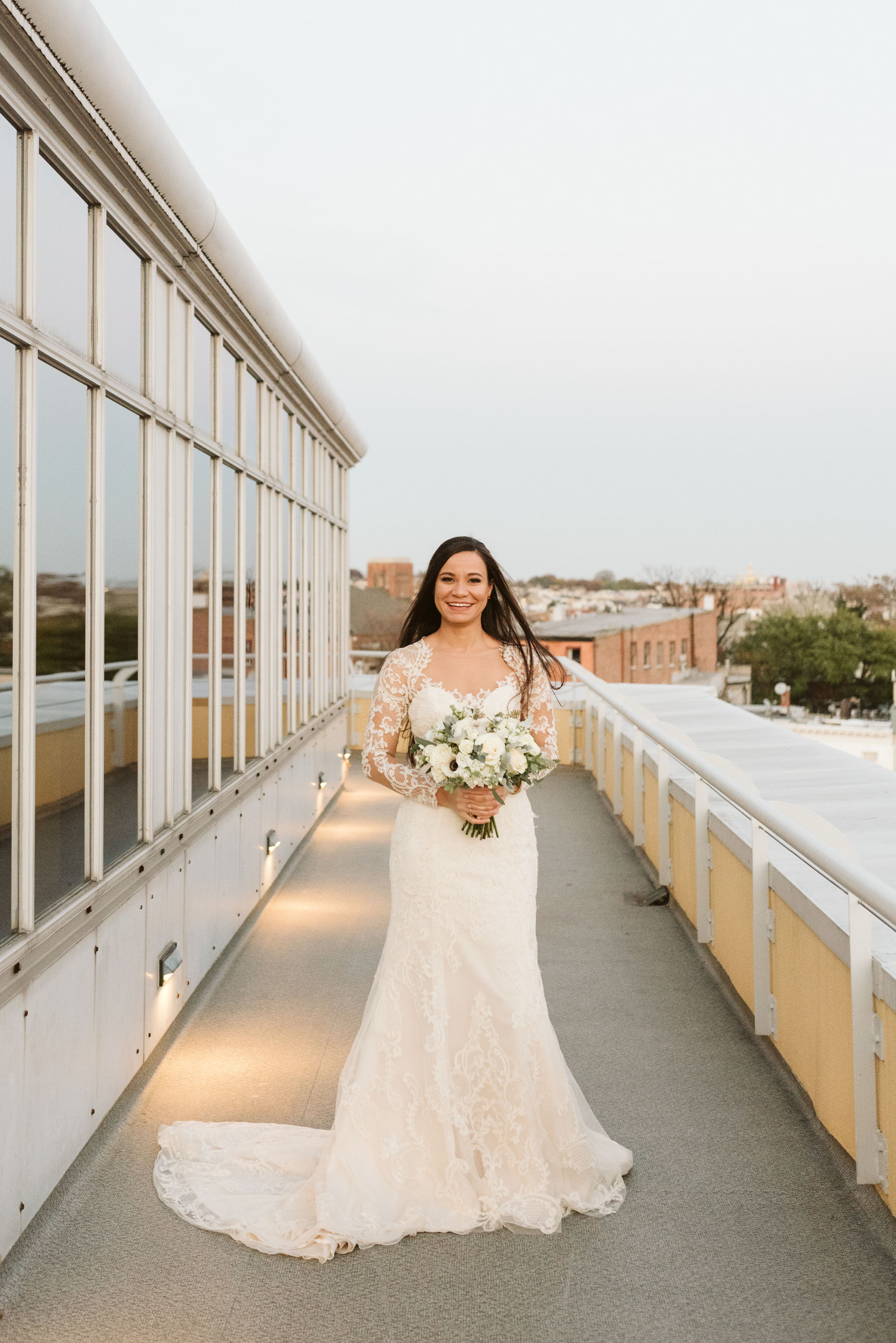  Baltimore, Fells Point, Maryland Wedding Photographer, Winter Wedding, Historic, Classic, Vintage, Portrait of Bride on Rooftop, Beauty by Jacs, Nutmeg Flowers 