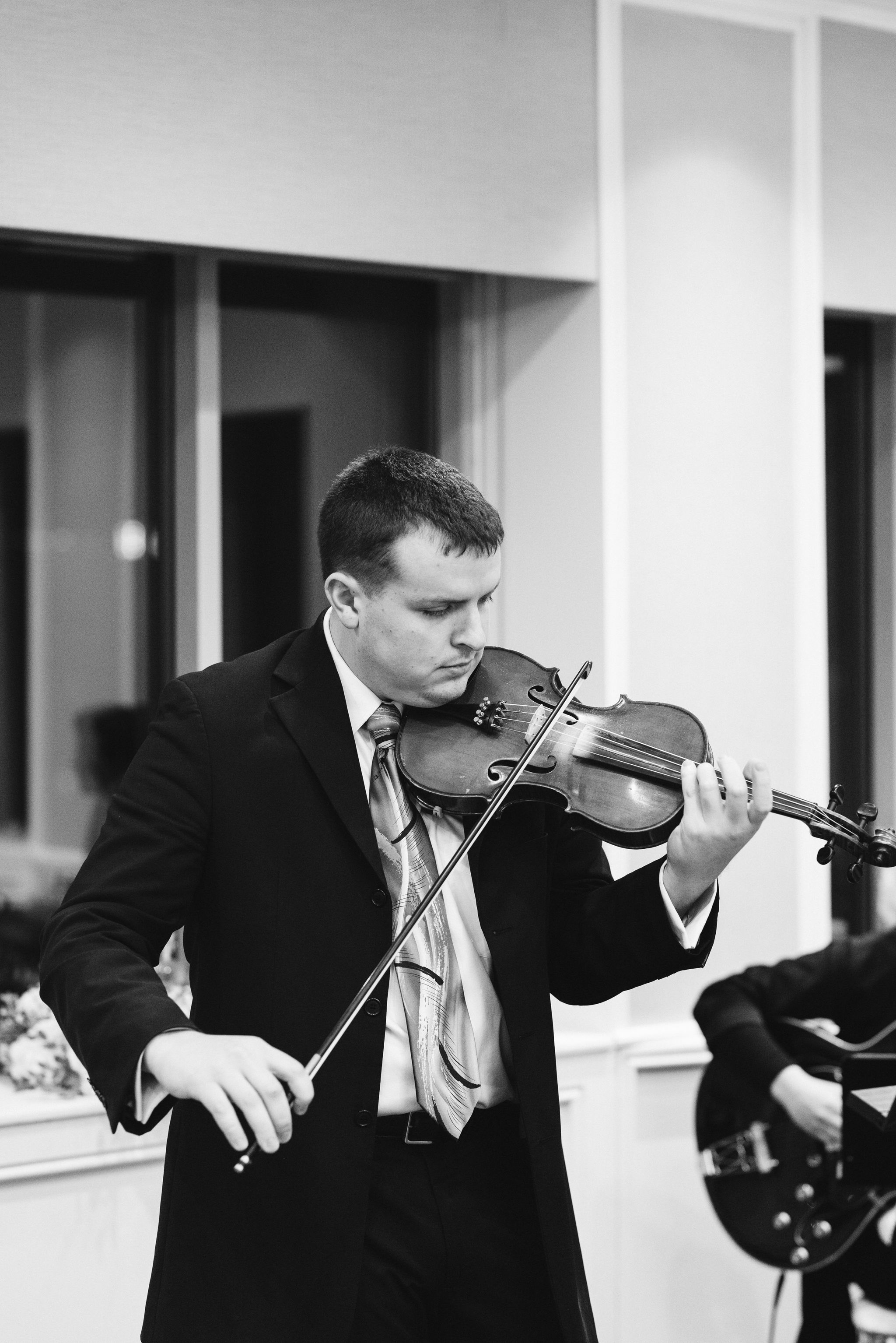  Baltimore, Fells Point, Maryland Wedding Photographer, Winter Wedding, Historic, Classic, Vintage, Musician Playing During Ceremony, Violin, Black and White Photo 