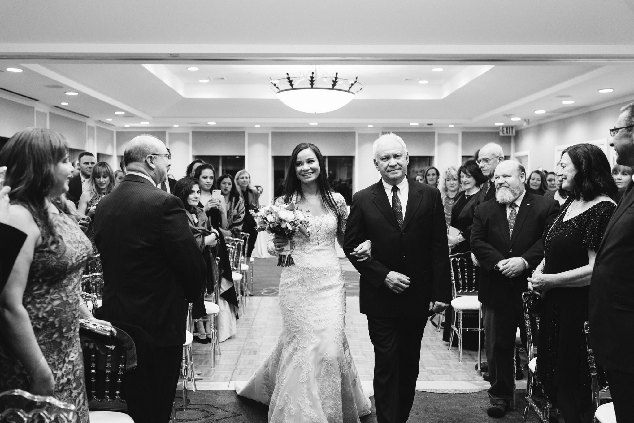  Baltimore, Fells Point, Maryland Wedding Photographer, Winter Wedding, Historic, Classic, Vintage, Bride Walking Down Aisle with Father of the Bride, Black and White Photo 