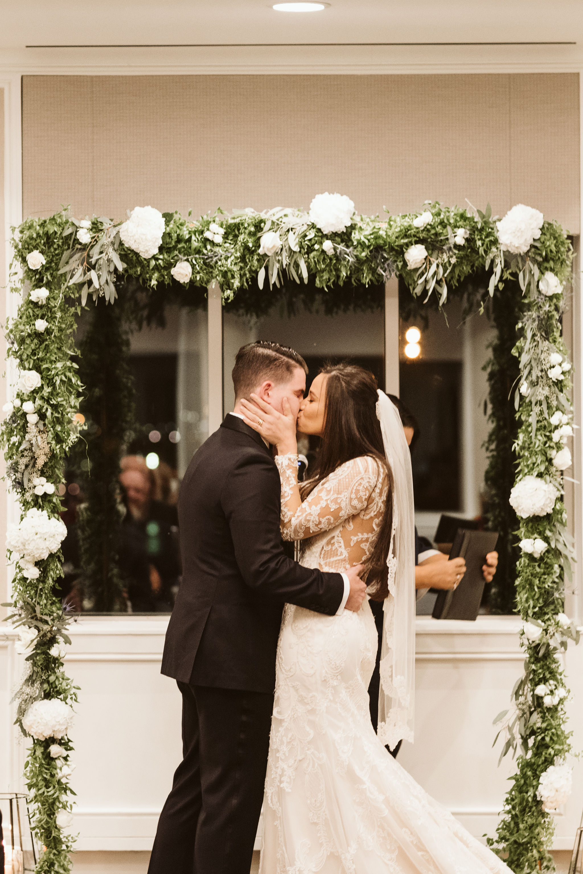  Baltimore, Fells Point, Maryland Wedding Photographer, Winter Wedding, Historic, Classic, Vintage, Bride and Groom Share First Kiss, Just Married, Lace Wedding Dress, Nutmeg Flowers 