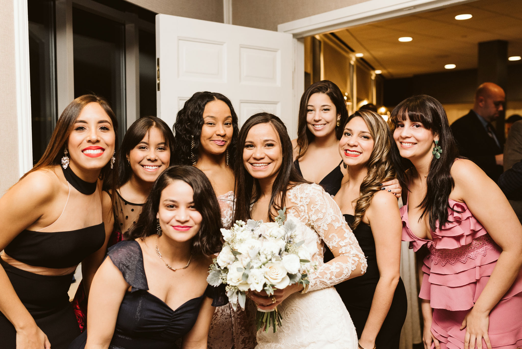  Baltimore, Fells Point, Maryland Wedding Photographer, Winter Wedding, Historic, Classic, Vintage, Portrait of Bride with Friends, Nutmeg Flowers 