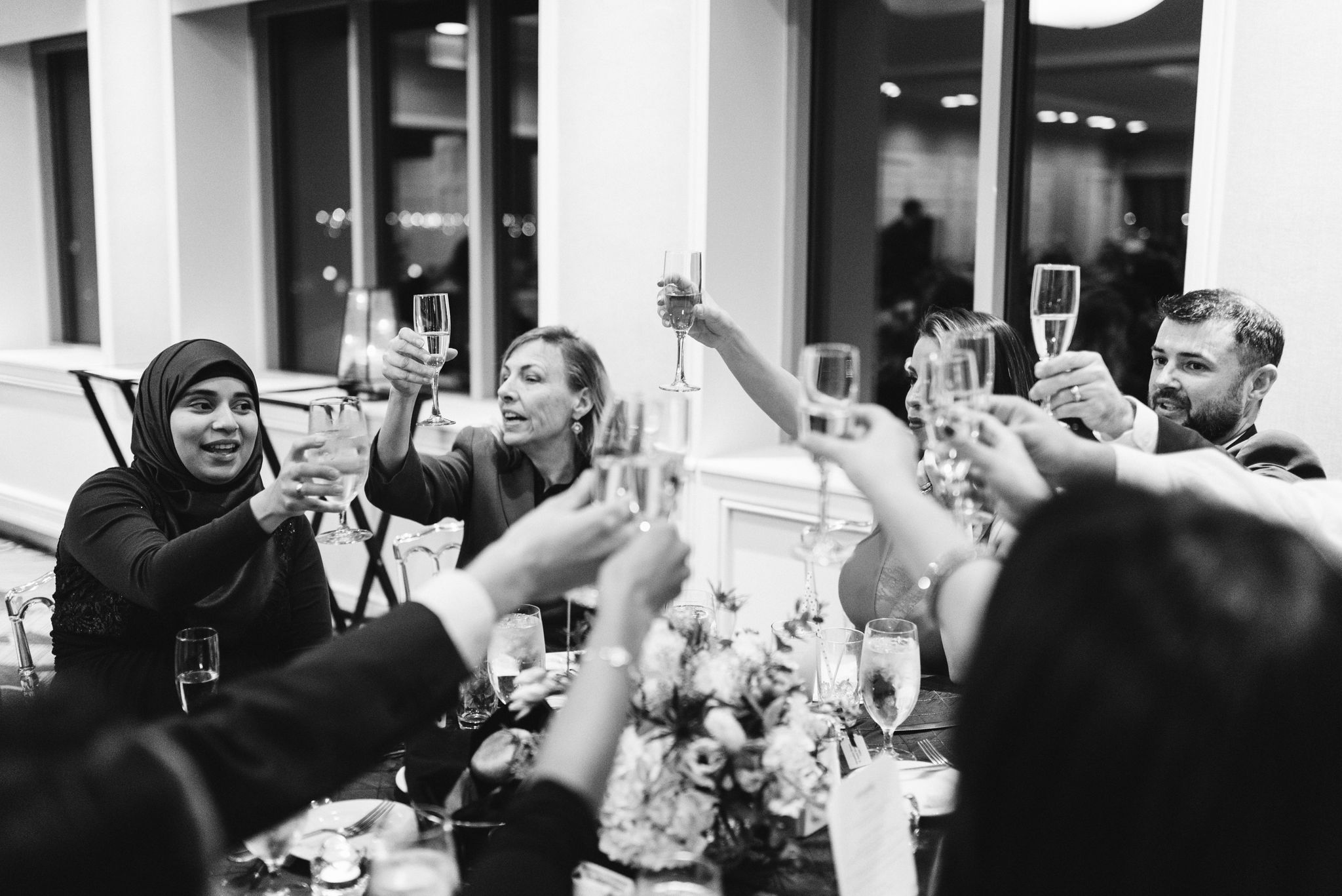  Baltimore, Fells Point, Maryland Wedding Photographer, Winter Wedding, Historic, Classic, Vintage, friends Toasting at Reception, Champagne Toast, Black and White Photo 