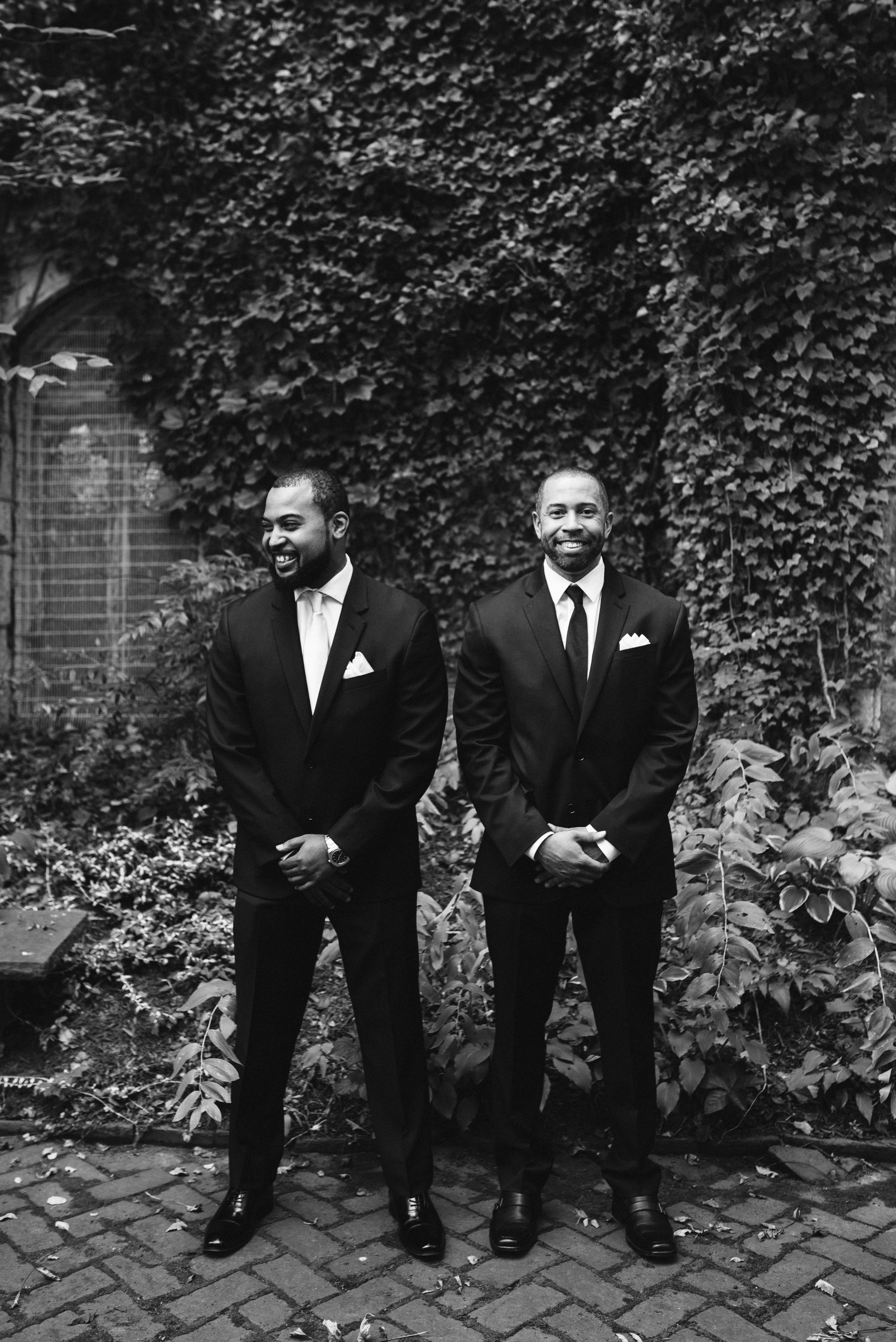  Baltimore, Maryland Wedding Photographer, Mount Vernon, Chase Court, Classic, Outdoor Ceremony, Garden, Romantic, Portrait of Groom and Best Man Smiling, Black and White Photo 