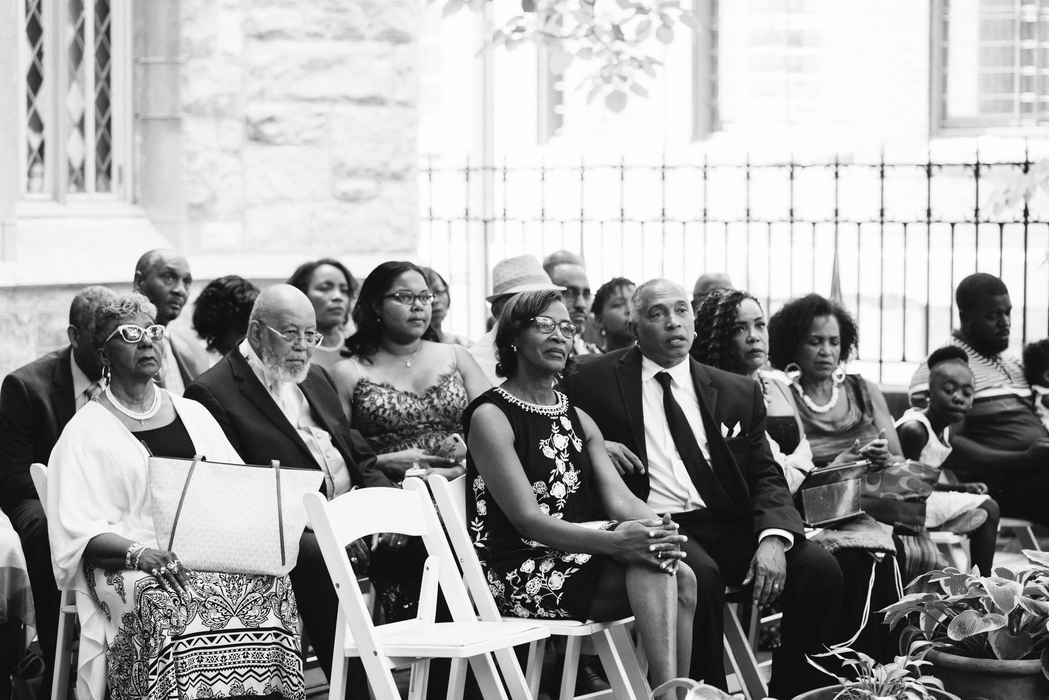  Baltimore, Maryland Wedding Photographer, Mount Vernon, Chase Court, Classic, Outdoor Ceremony, Garden, Romantic, Wedding Guests During Ceremony, Black and White Photo 