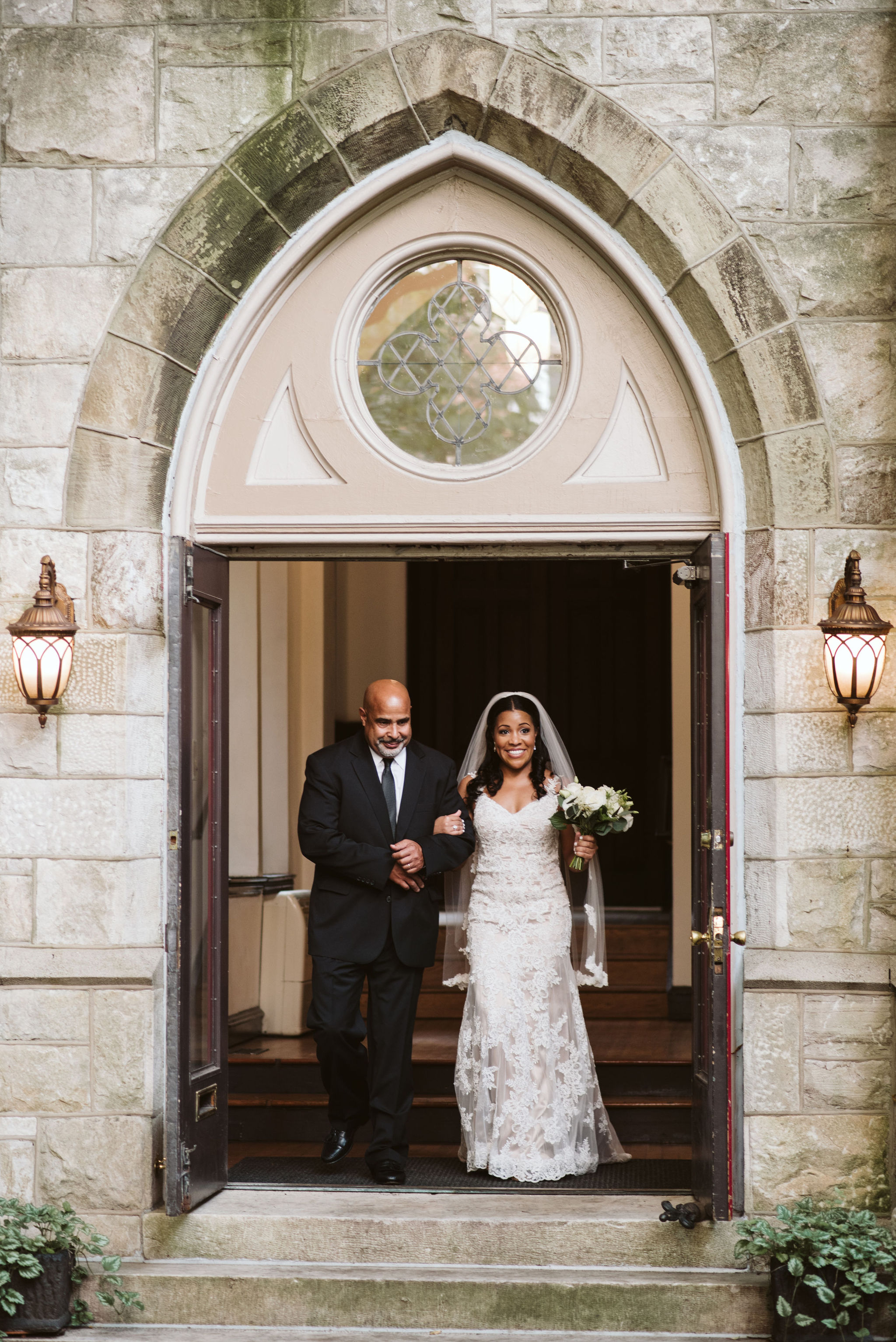  Baltimore, Maryland Wedding Photographer, Mount Vernon, Chase Court, Classic, Outdoor Ceremony, Garden, Romantic, Smiling Bride Walking through Doorway with Father of the Bride, Lace Wedding Dress 