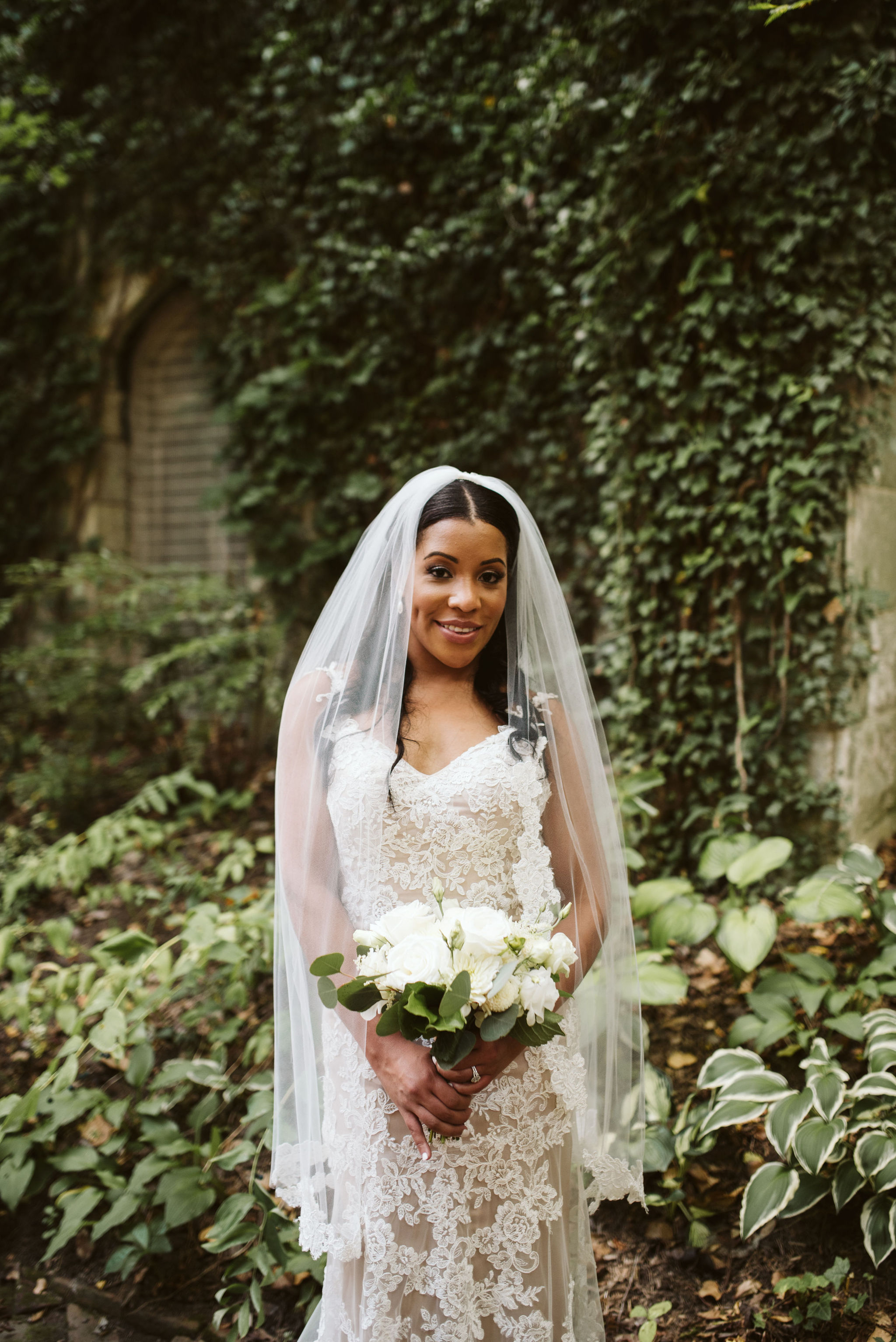  Baltimore, Maryland Wedding Photographer, Mount Vernon, Chase Court, Classic, Outdoor Ceremony, Garden, Romantic, Portrait of Bride in Garden Holding White Bouquet with Long Veil 