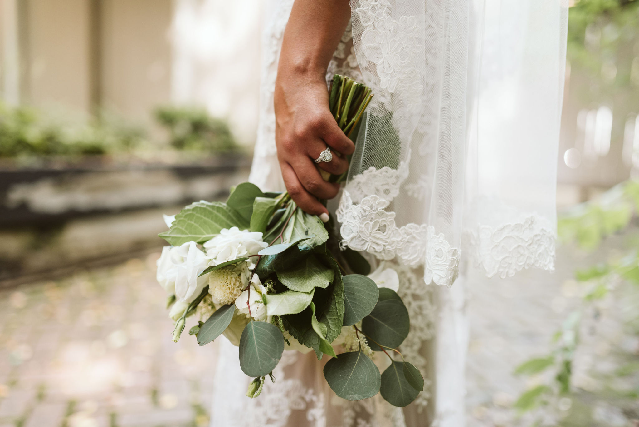  Baltimore, Maryland Wedding Photographer, Mount Vernon, Chase Court, Classic, Outdoor Ceremony, Garden, Romantic, Detail Photo of Bride Holding Bridal Bouquet, White Wedding Flowers, Engagement Rind and Wedding Ring 