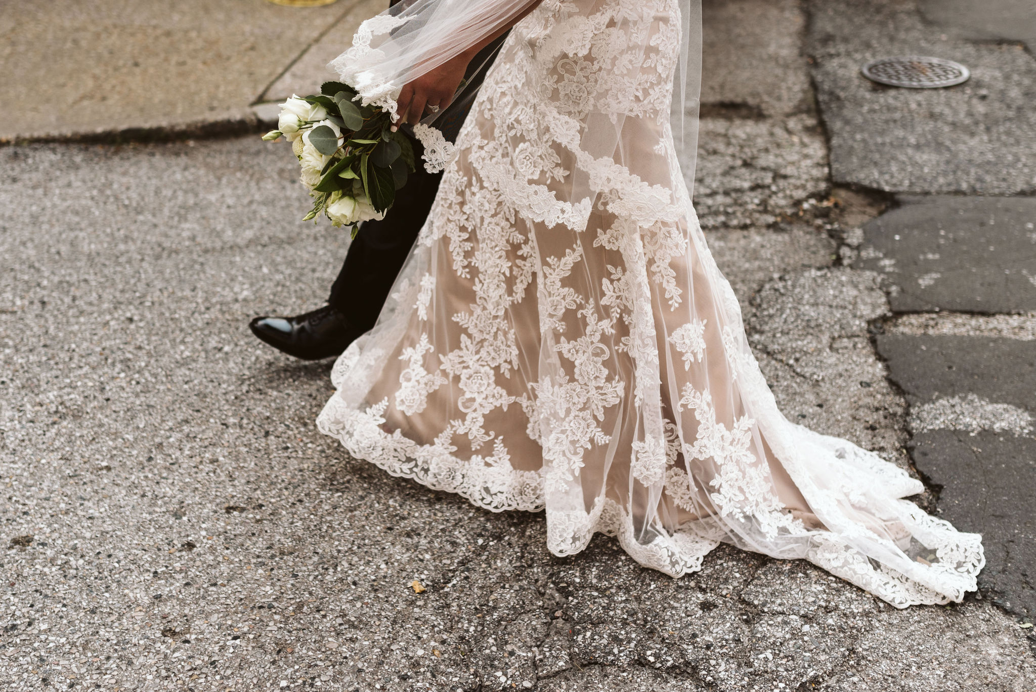  Baltimore, Maryland Wedding Photographer, Mount Vernon, Chase Court, Classic, Outdoor Ceremony, Garden, Romantic, Detail of Bride and groom’s Feet While Walking Together, Lace Wedding Gown with Train 