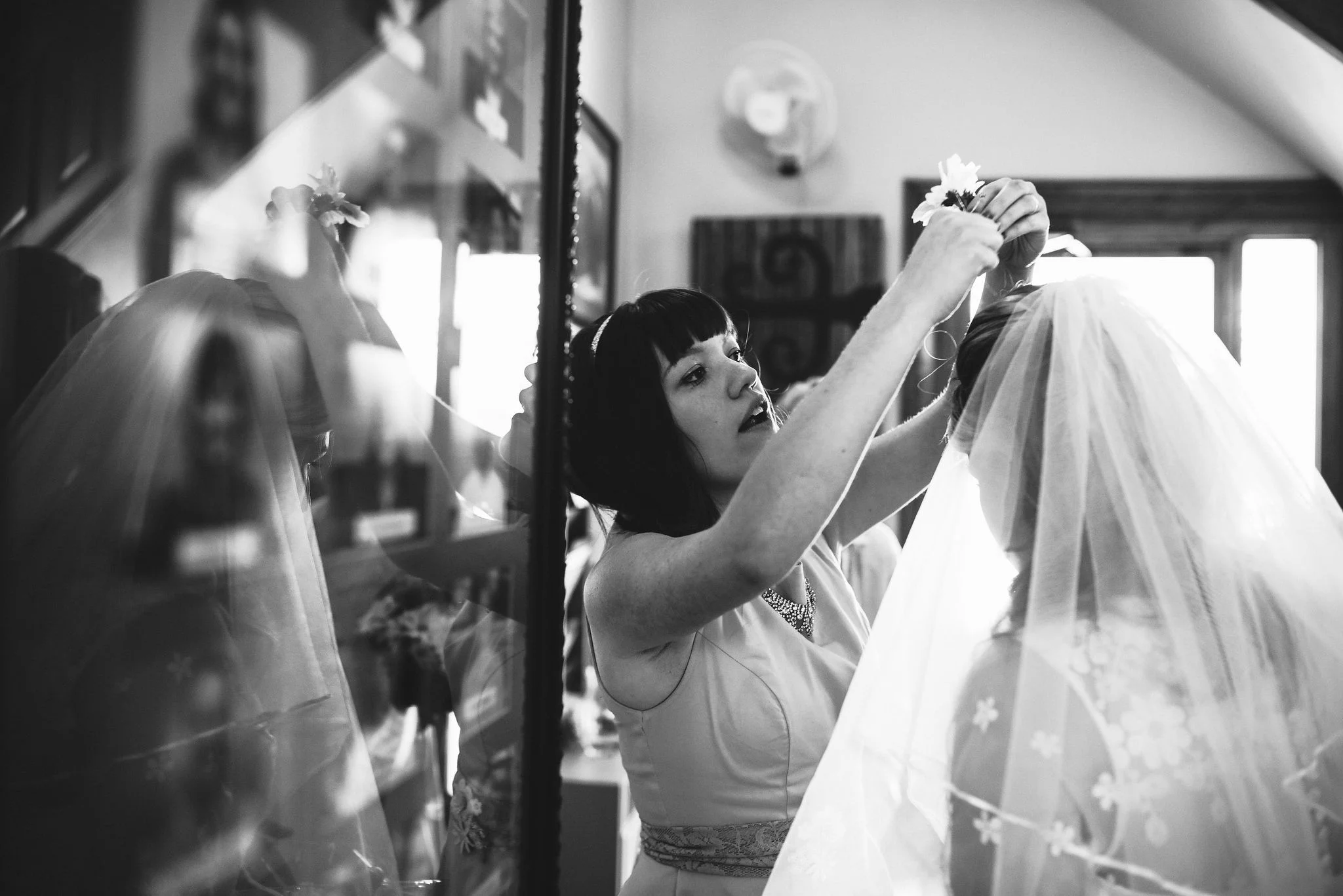 Baltimore, Church Wedding, Maryland Wedding Photographer, Vintage, Classic, Bride with Bridesmaid, Finishing Touches, Black and White Photo