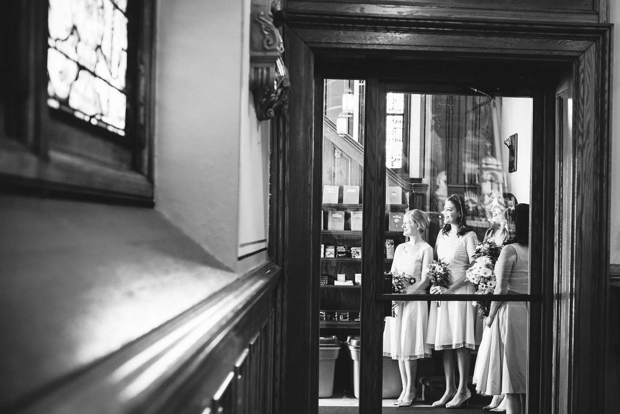 Baltimore, Church Wedding, Maryland Wedding Photographer, Vintage, Classic, Bridesmaids Waiting to Walk Down Aisle, Black and White Photo, Candid Photo