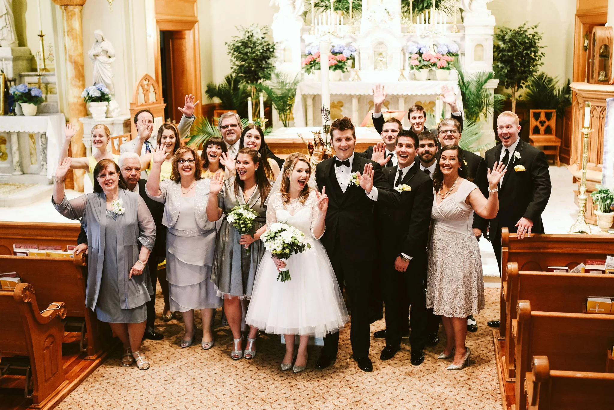 Baltimore, Church Wedding, Maryland Wedding Photographer, Vintage, Classic, 50s Style, Tea-length Wedding Dress, Group Photo, Bride and Groom Portrait with Friends and Family