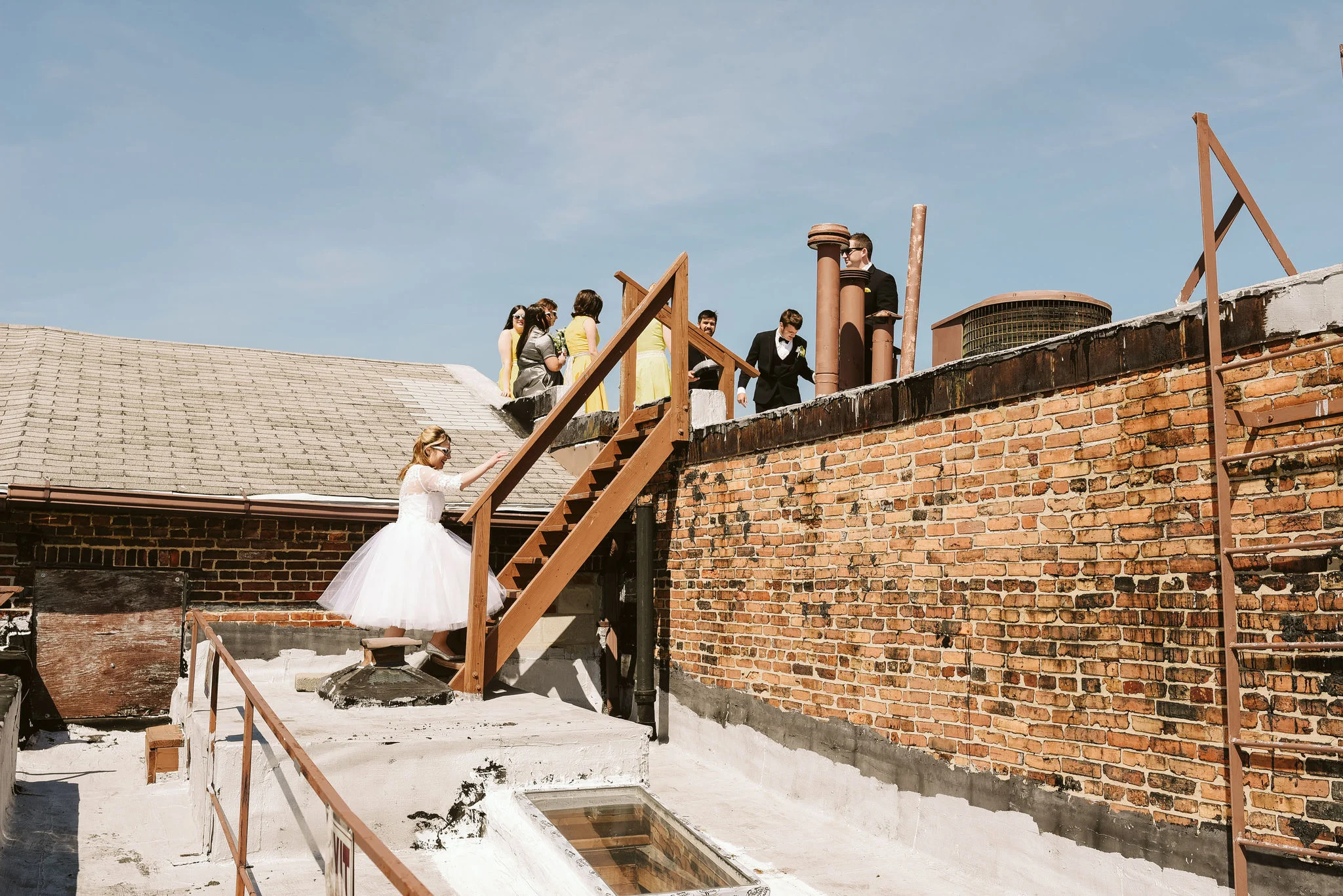 Baltimore, Church Wedding, Maryland Wedding Photographer, Vintage, Classic, 50s Style, Bride and Groom on Rooftop, Bridesmaids on Rooftop