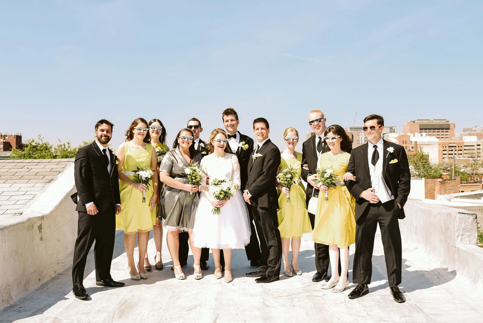 Baltimore, Church Wedding, Maryland Wedding Photographer, Vintage, Classic, 50s Style, Bride and Groom with Bridesmaids and Groomsmen, Portrait Photo on Rooftop, Sunny Day