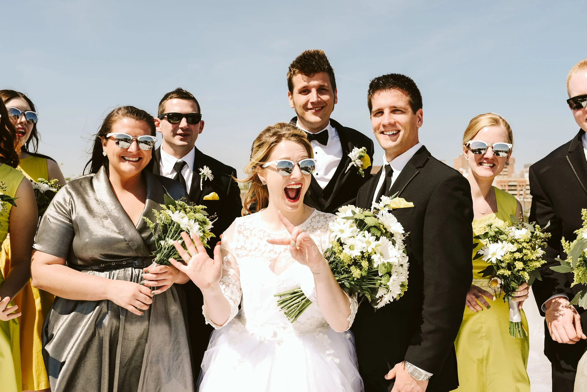 Baltimore, Church Wedding, Maryland Wedding Photographer, Vintage, Classic, 50s Style, Bride and Groom Posing with Friends, Bridesmaids and Groomsmen, Fun Photo