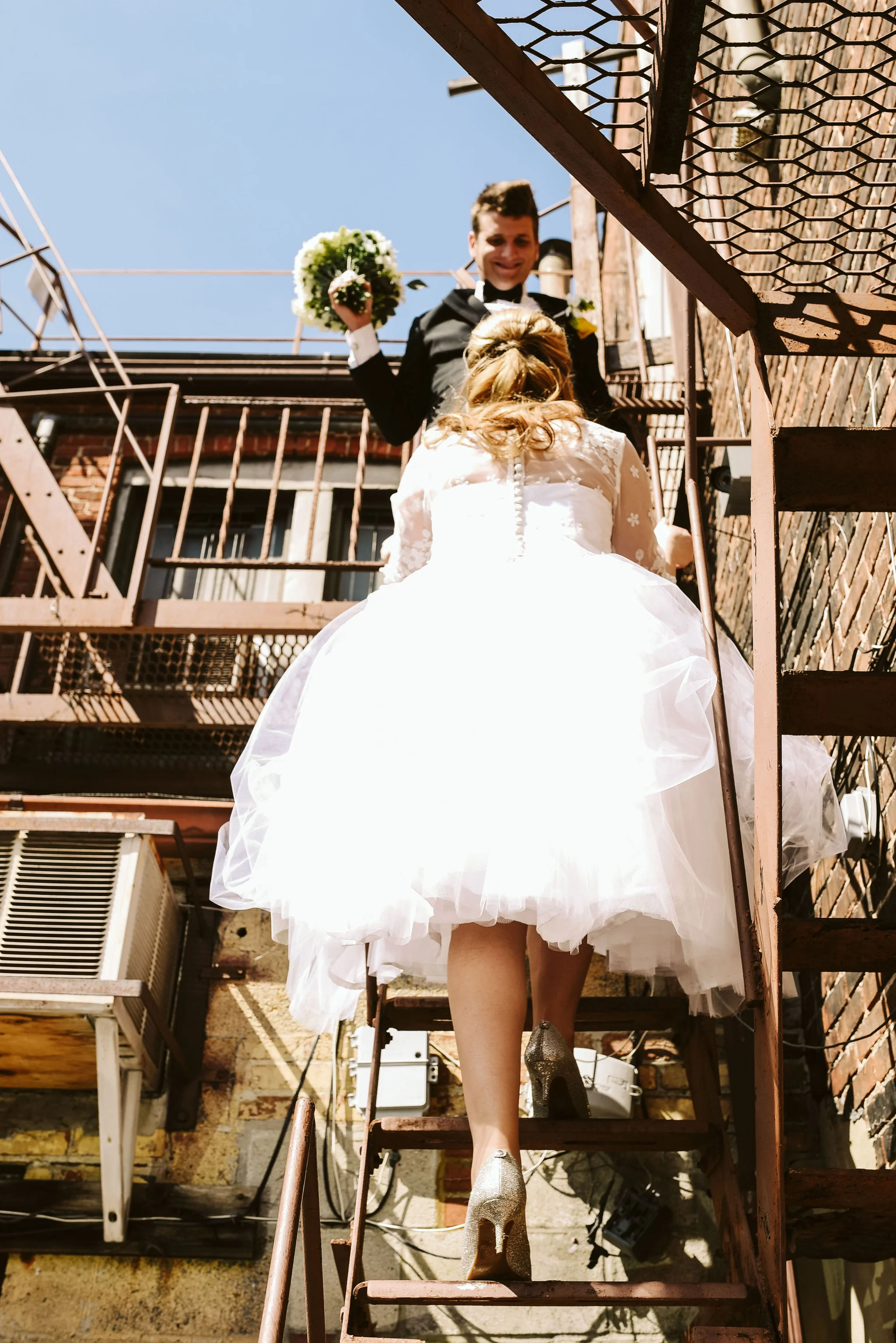 Baltimore, Church Wedding, Maryland Wedding Photographer, Vintage, Classic, 50s Style, Bride and Groom on Fire Escape, Outdoor, Glitter Heels
