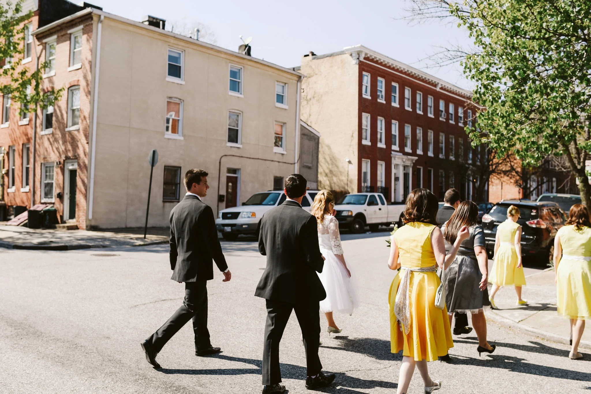 Baltimore, Church Wedding, Maryland Wedding Photographer, Vintage, Classic, 50s Style, Wedding Party Walking Downtown, Pigtown, Sunny Afternoon