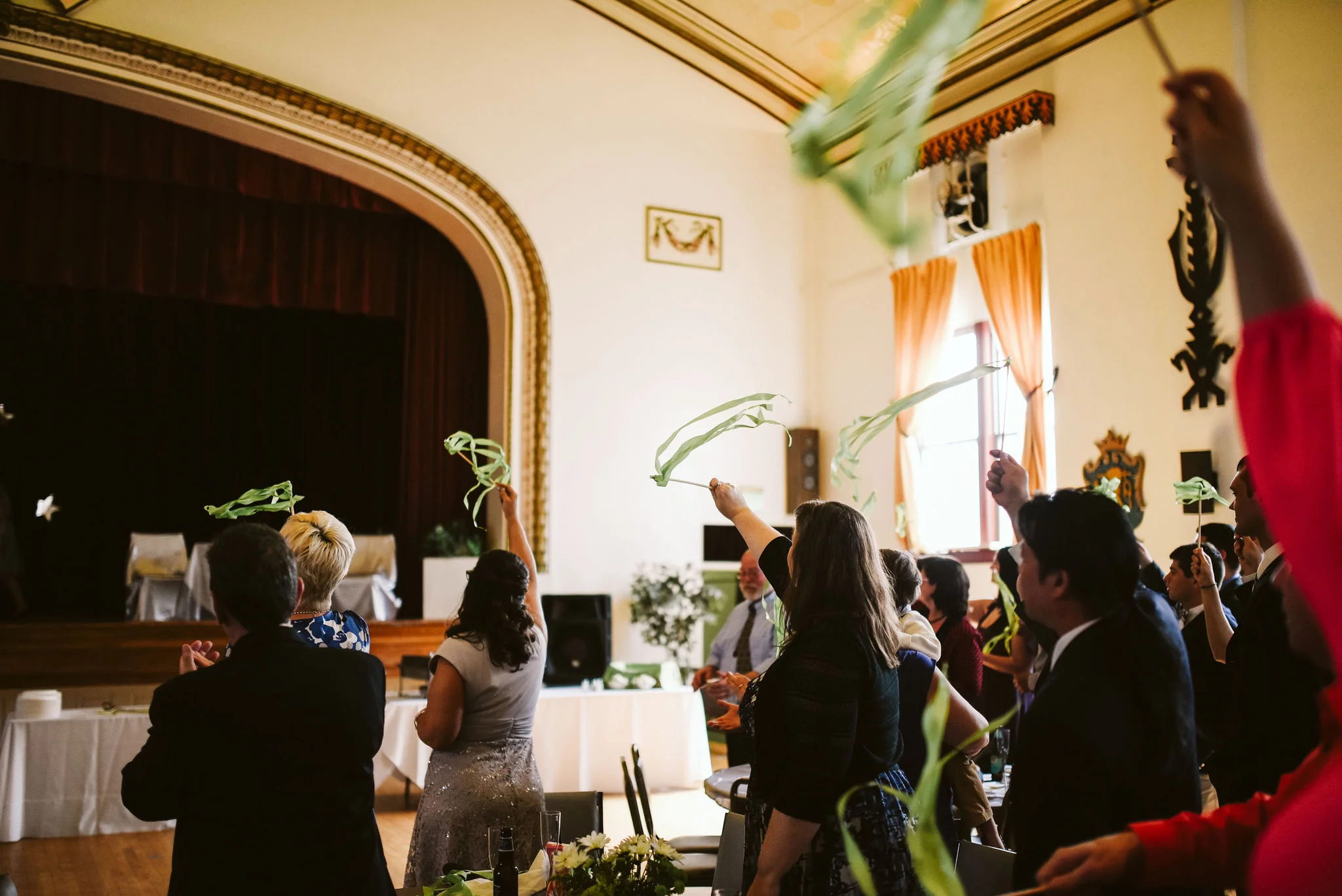 Baltimore, Lithuanian Dance Hall, Maryland Wedding Photographer, Vintage, Classic, 50s Style, Wedding Guests Waving Streamers