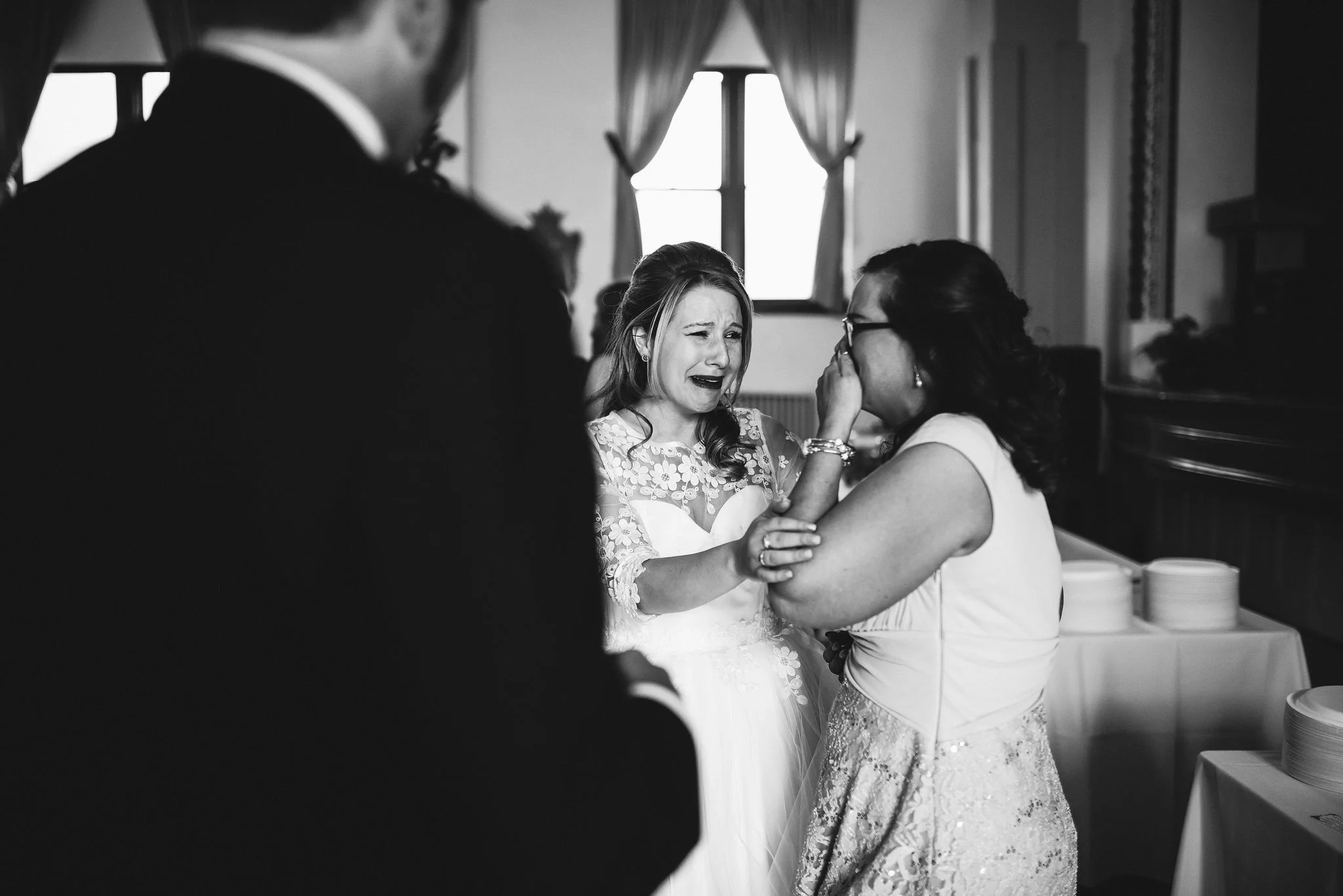 Baltimore, Lithuanian Dance Hall, Maryland Wedding Photographer, Vintage, Classic, 50s Style, Bride Laughing and Crying with Friends, Black and White Photo