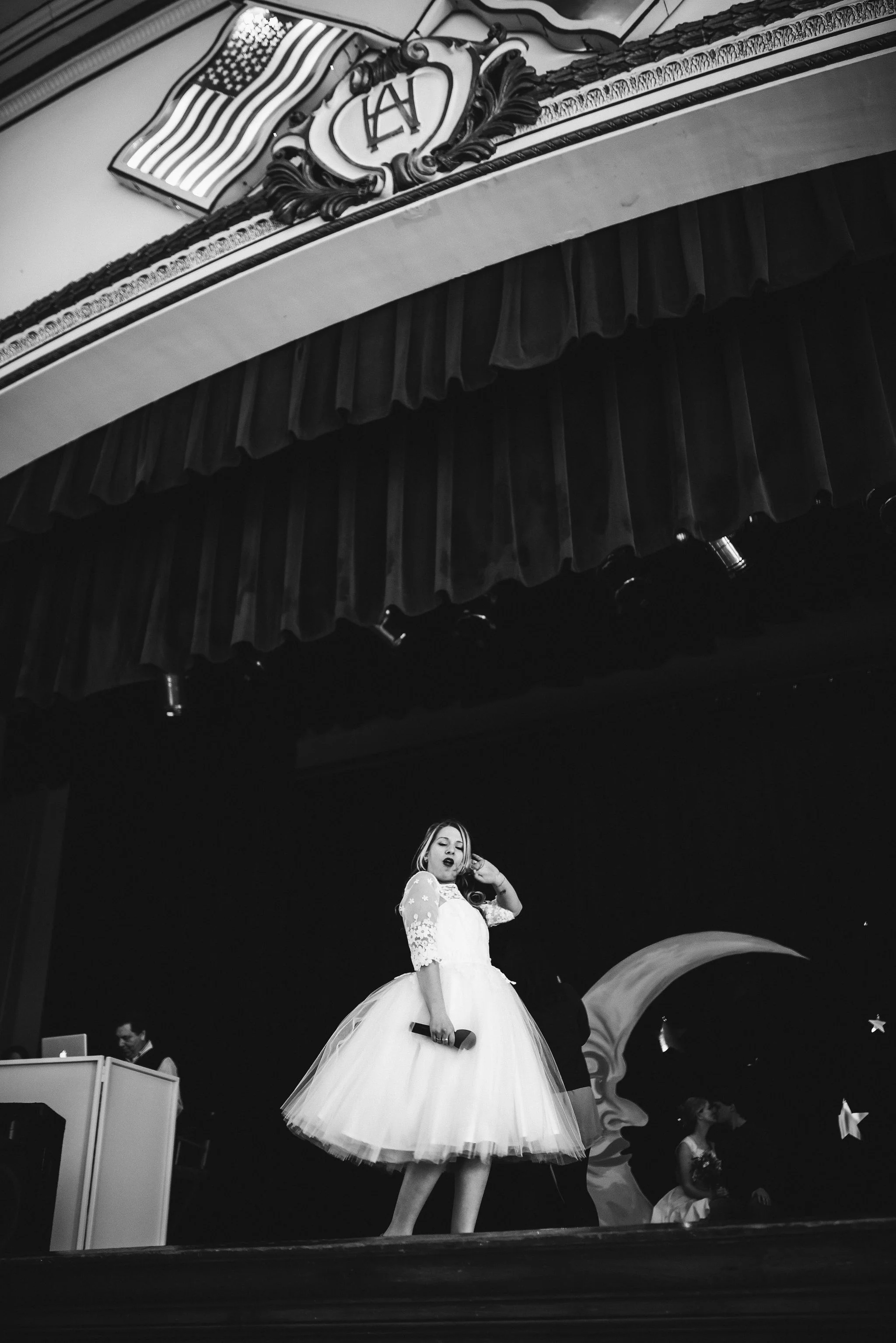 Baltimore, Lithuanian Dance Hall, Maryland Wedding Photographer, Vintage, Classic, 50s Style, Wedding Reception, Bride Posing on Stage, Black and White Photo