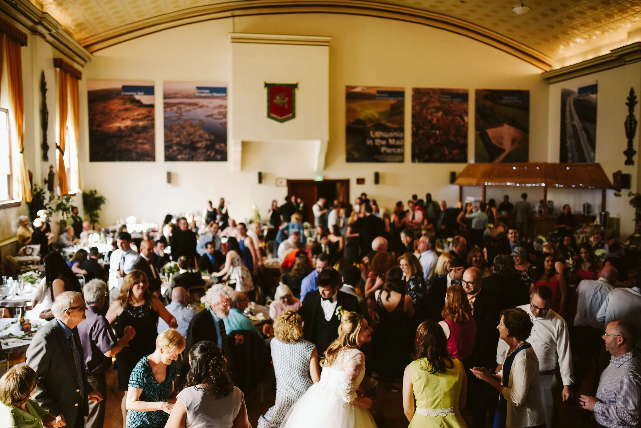 Baltimore, Lithuanian Dance Hall, Maryland Wedding Photographer, Vintage, Classic, 50s Style, Overhead Photo of the Crowd, Large Wedding Reception, Baltimore City, Guests Having Fun