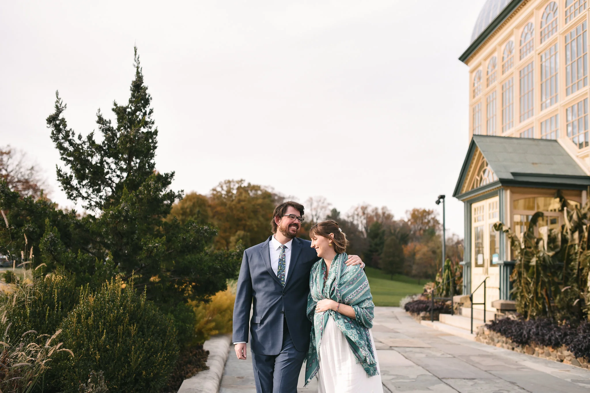 Rawlings Conservatory, Druid Hill Park, Intimate Wedding, Nature, Baltimore Wedding Photographer, Romantic, Classic, Bride and Groom Walking Arm in Arm Outside
