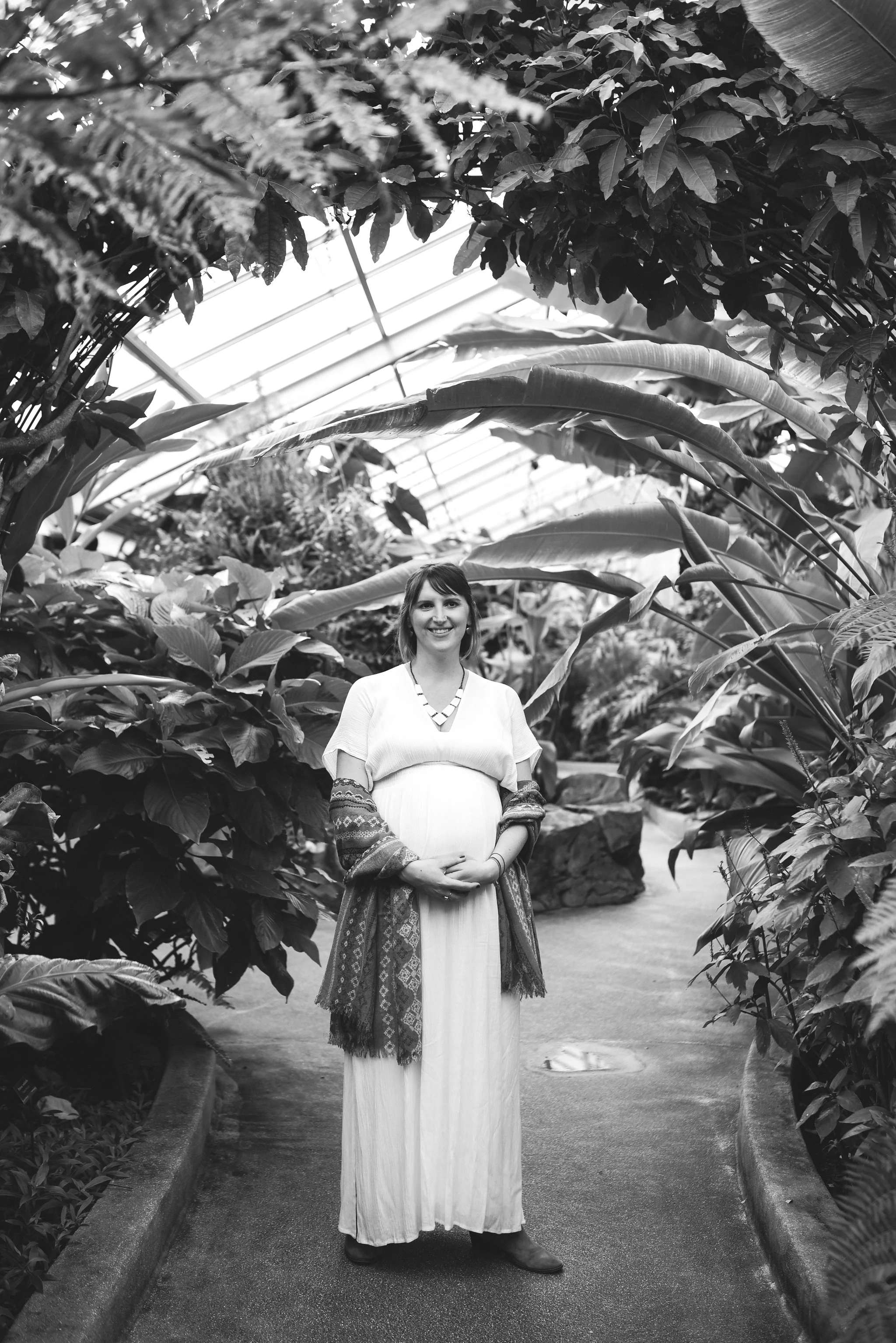 Rawlings Conservatory, Druid Hill Park, Intimate Wedding, Nature, Baltimore Wedding Photographer, Romantic, Classic, Portrait of Bride Among Trees, Black and White Photo, Statement Necklace, Pregnant Bride