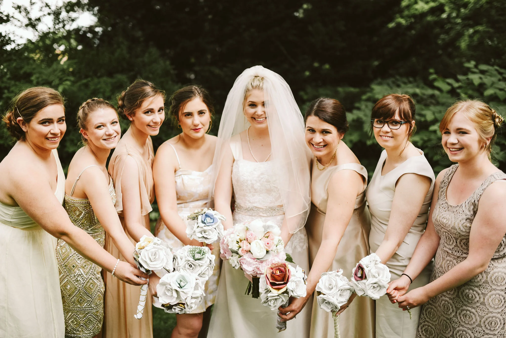 Hampden, Baltimore, Maryland Wedding Photographer, Garden Wedding, Classic, DIY, Romantic, Portrait of Bride with Bridesmaids, Mismatched Bridesmaids Dresses, Paper Flowers, Lace Wedding Dress