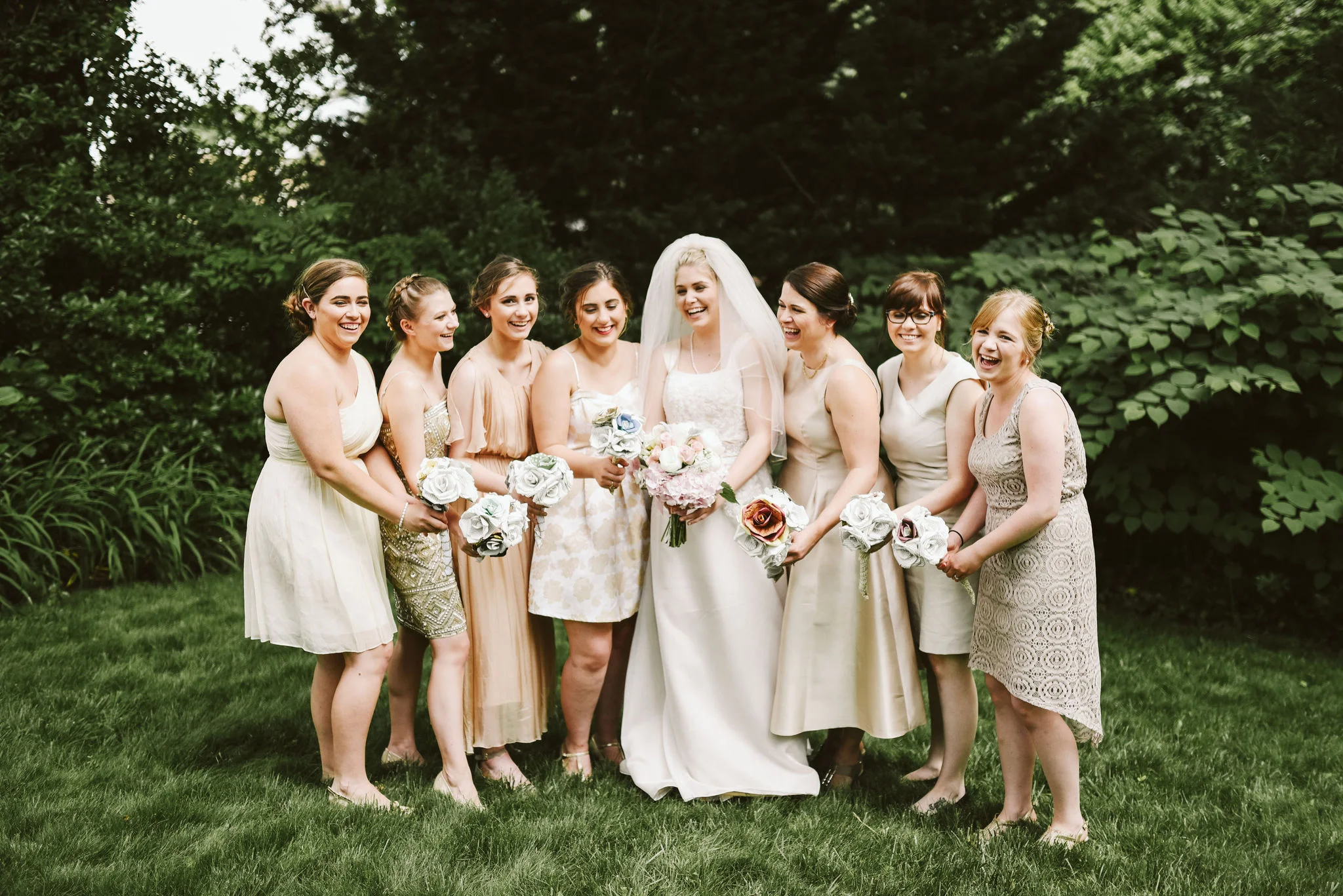 Hampden, Baltimore, Maryland Wedding Photographer, Garden Wedding, Classic, DIY, Romantic, Fun Photo of Bridal Party, Handmade Paper Flowers, Champagne Bridesmaids Dresses