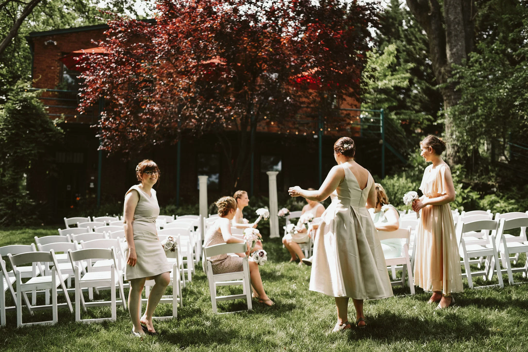 Hampden, Baltimore, Maryland Wedding Photographer, Garden Wedding, Classic, DIY, Romantic, Bridesmaids Hanging Out at Ceremony Space in the Sun