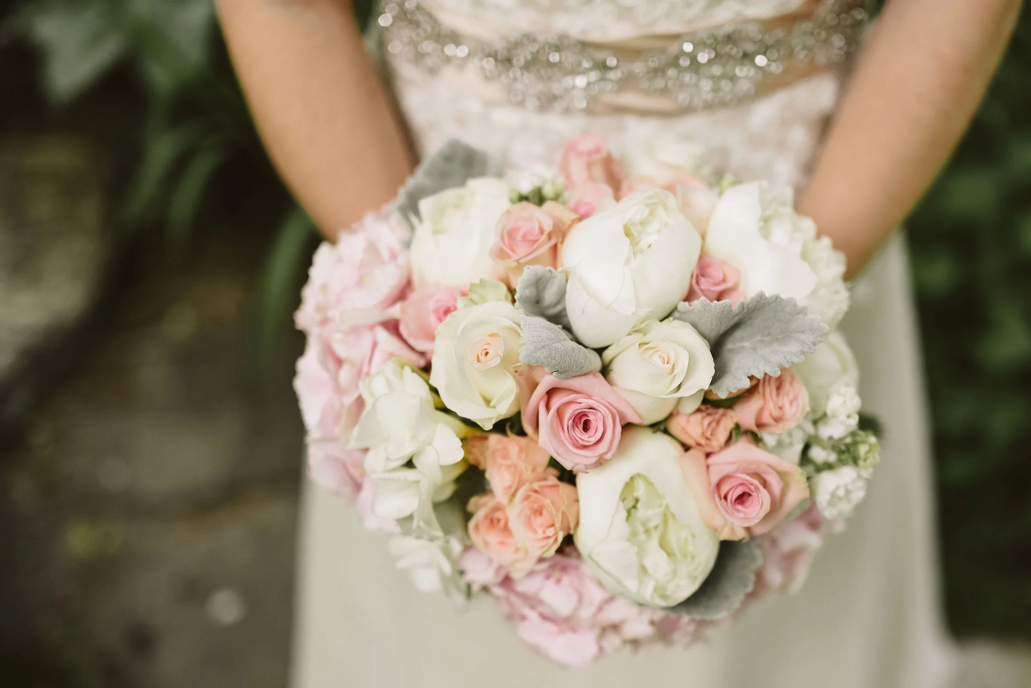 Hampden, Baltimore, Maryland Wedding Photographer, Garden Wedding, Classic, DIY, Romantic, Bridal Bouquet, Pink and White Roses with Lambs Ear