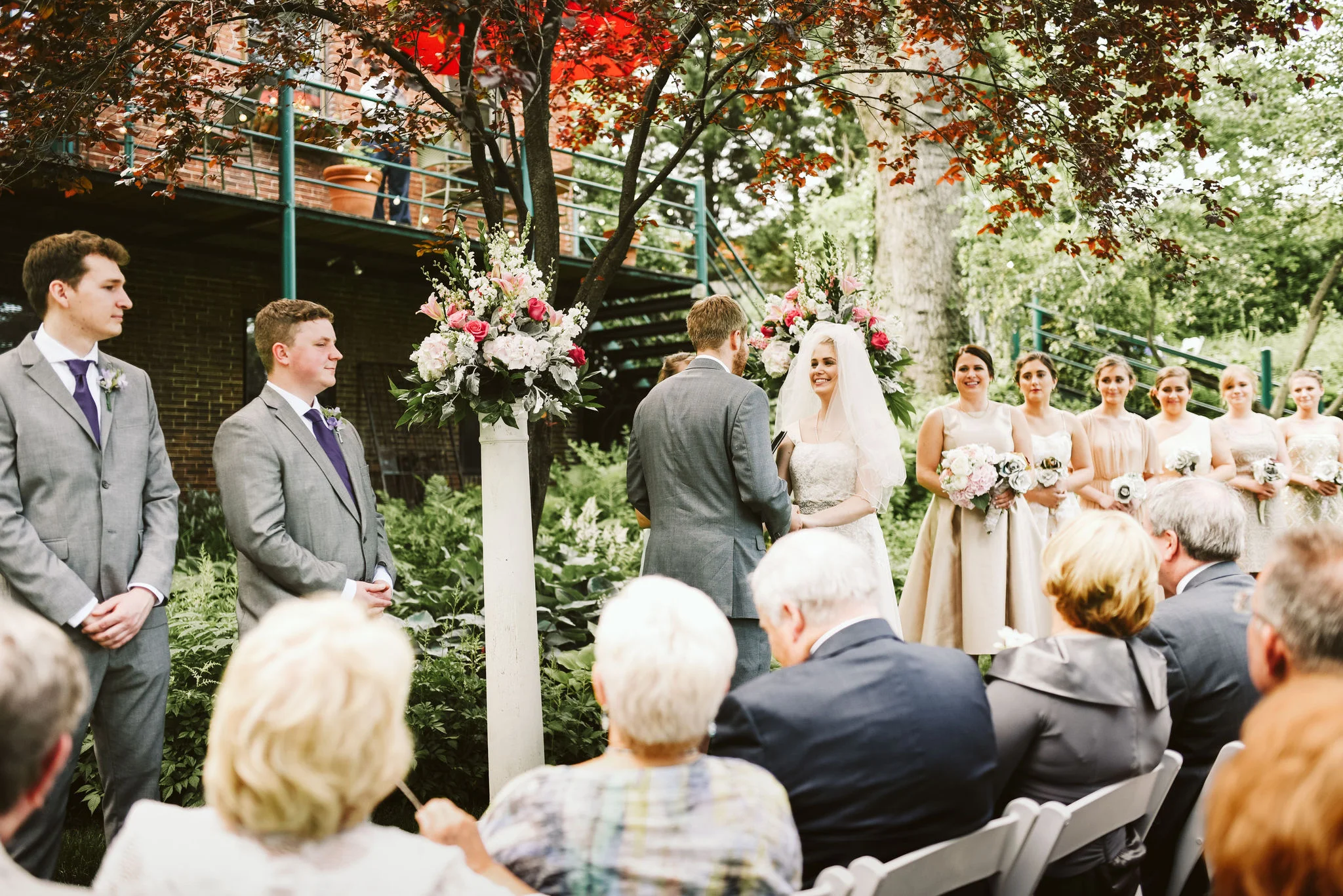 Hampden, Baltimore, Maryland Wedding Photographer, Garden Wedding, Classic, DIY, Romantic, Bride and Groom Exchanging Vows, Pink and White Flowers