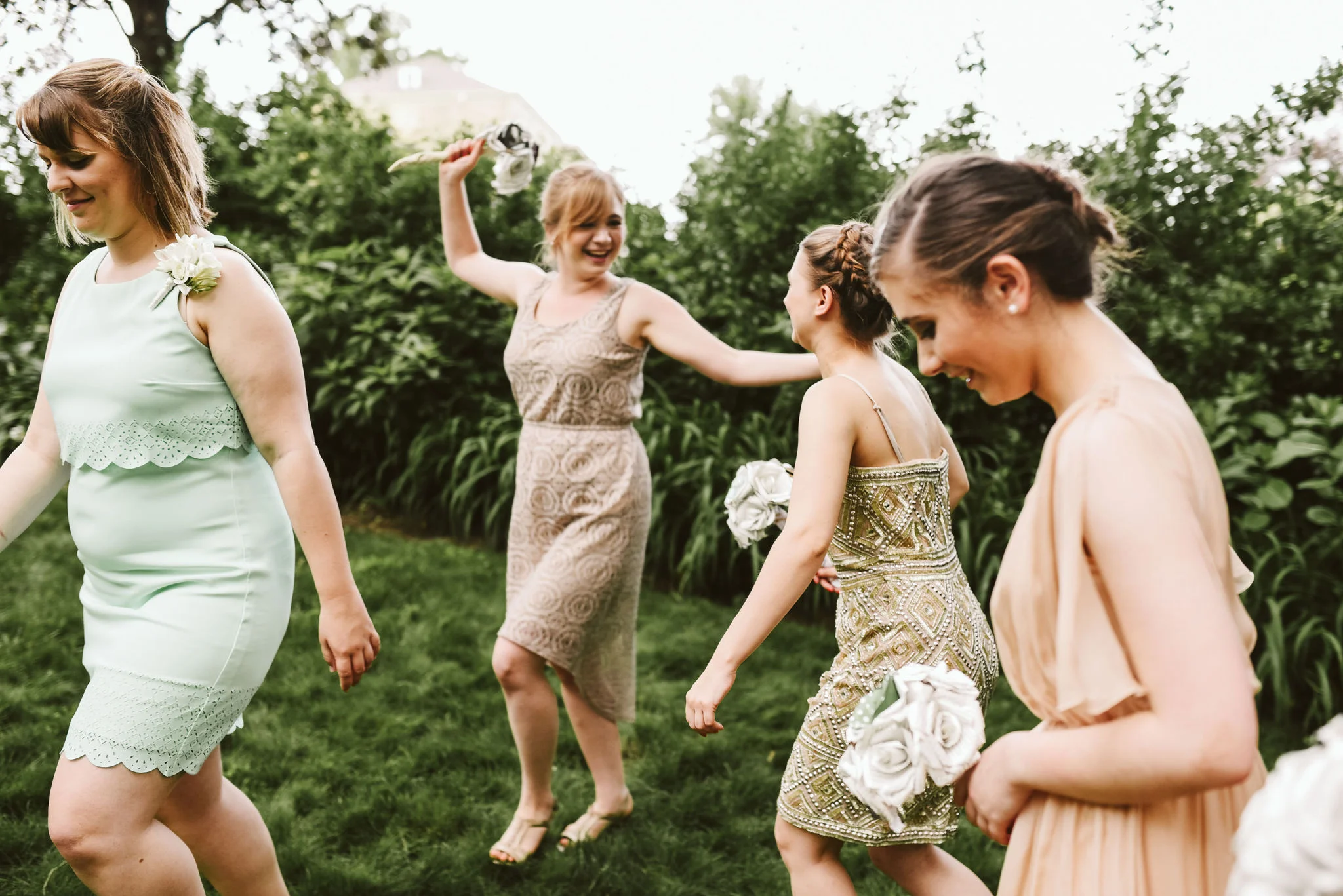 Hampden, Baltimore, Maryland Wedding Photographer, Garden Wedding, Classic, DIY, Romantic, Bridesmaids Having Fun and Dancing in the Grass