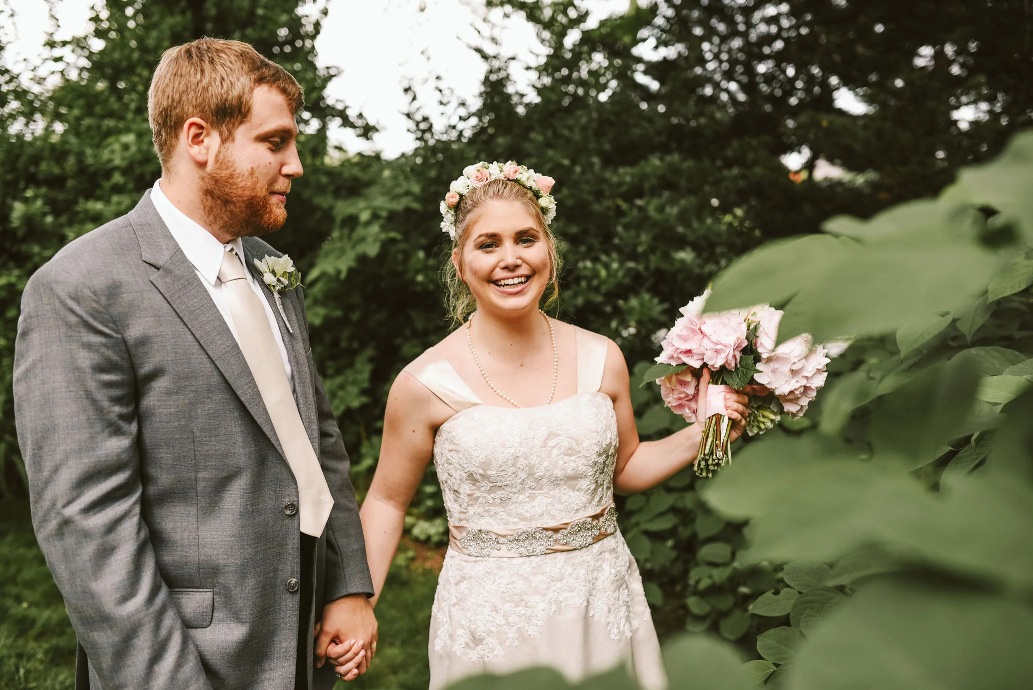 Hampden, Baltimore, Maryland Wedding Photographer, Garden Wedding, Classic, DIY, Romantic, Bride and Groom Holding Hands and Smiling, Flower Crown