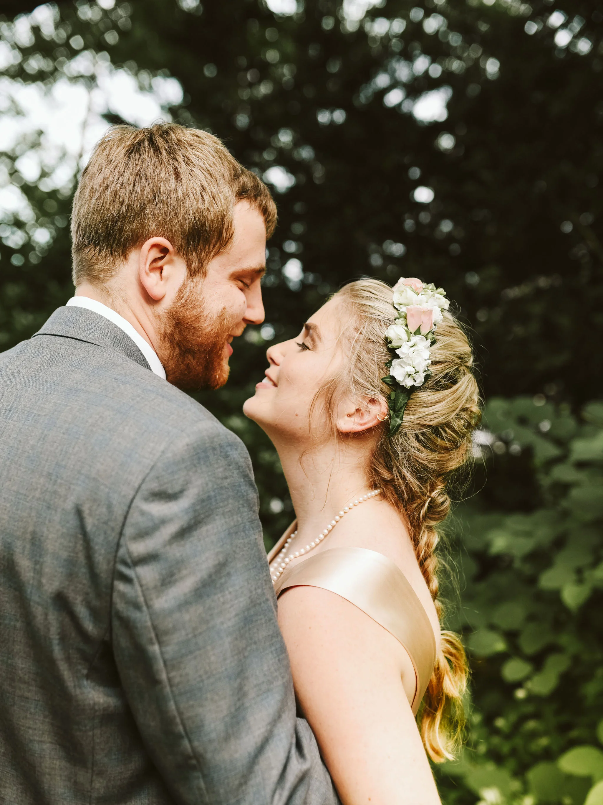 Hampden, Baltimore, Maryland Wedding Photographer, Garden Wedding, Classic, DIY, Romantic, Bride and Groom Smiling Together, Flower Crown
