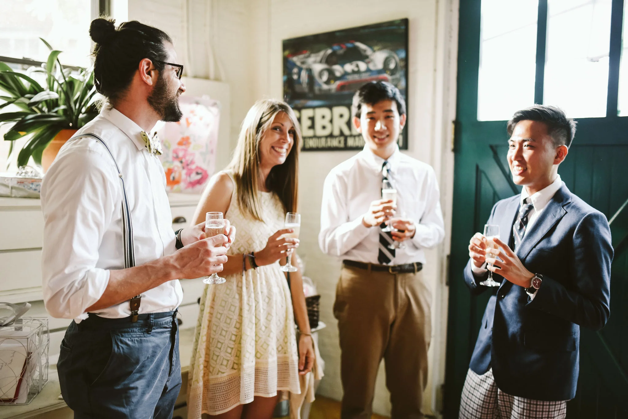 Hampden, Baltimore, Maryland Wedding Photographer, Garden Wedding, Classic, DIY, Romantic, Wedding Guests Chatting and Drinking Champagne