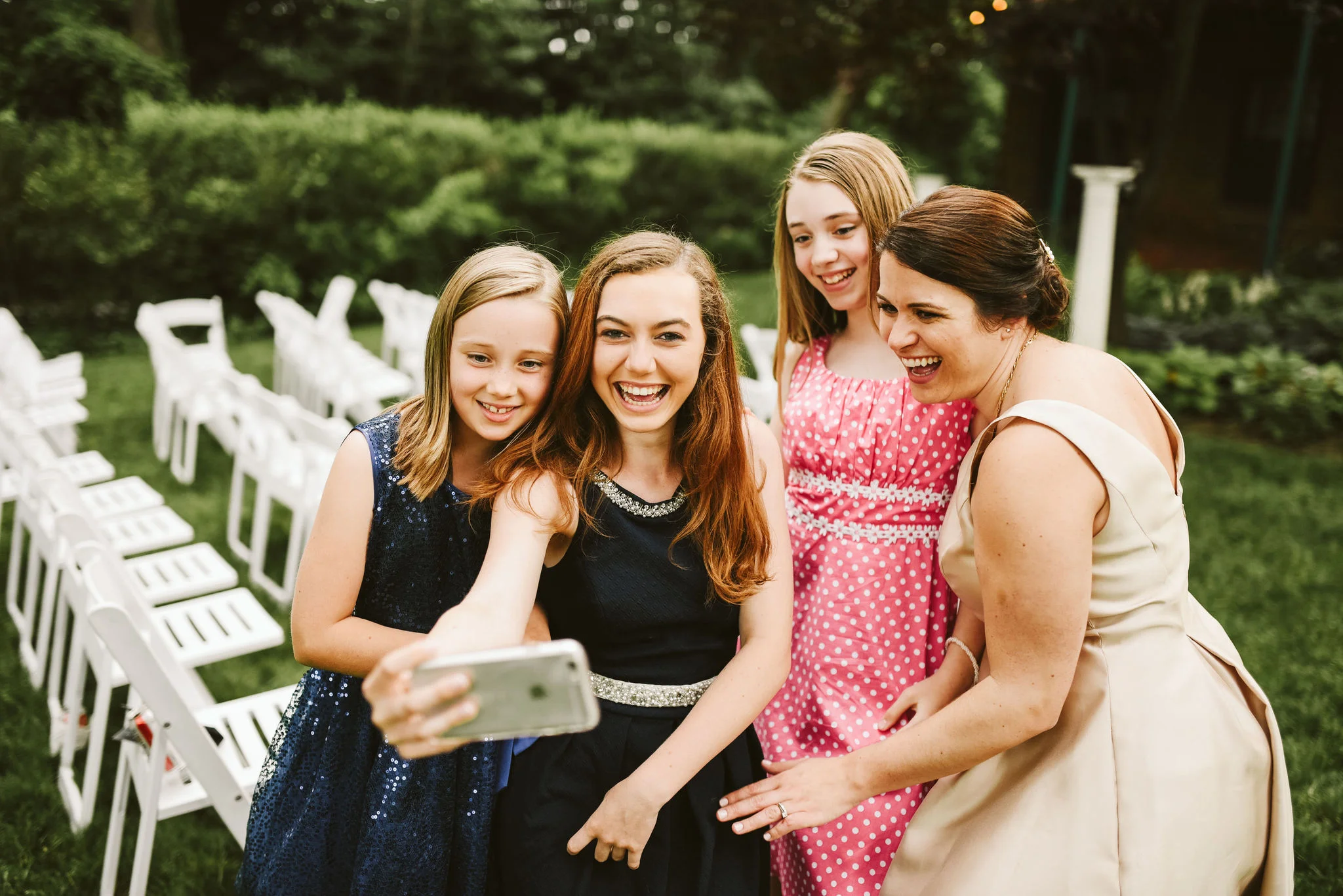 Hampden, Baltimore, Maryland Wedding Photographer, Garden Wedding, Classic, DIY, Romantic, Wedding Guests Taking Selfies Outside Reception