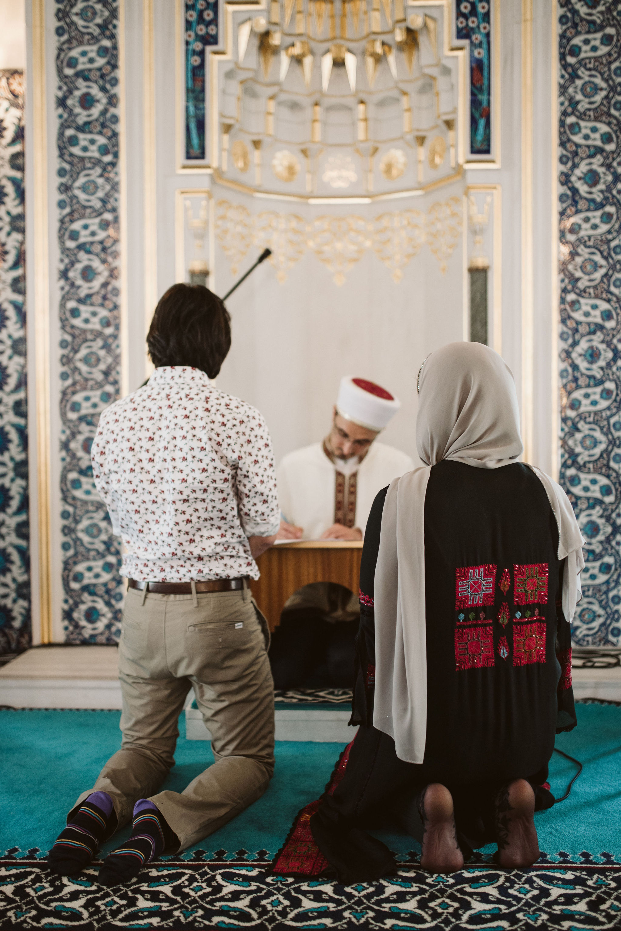  Washington DC, Baltimore Wedding Photographer, Diyanet Center of America, Spring, Intimate Wedding, Traditional, Classic, Palestinian, Turkish Design, Bride and Groom Kneeling in Front of Altar 