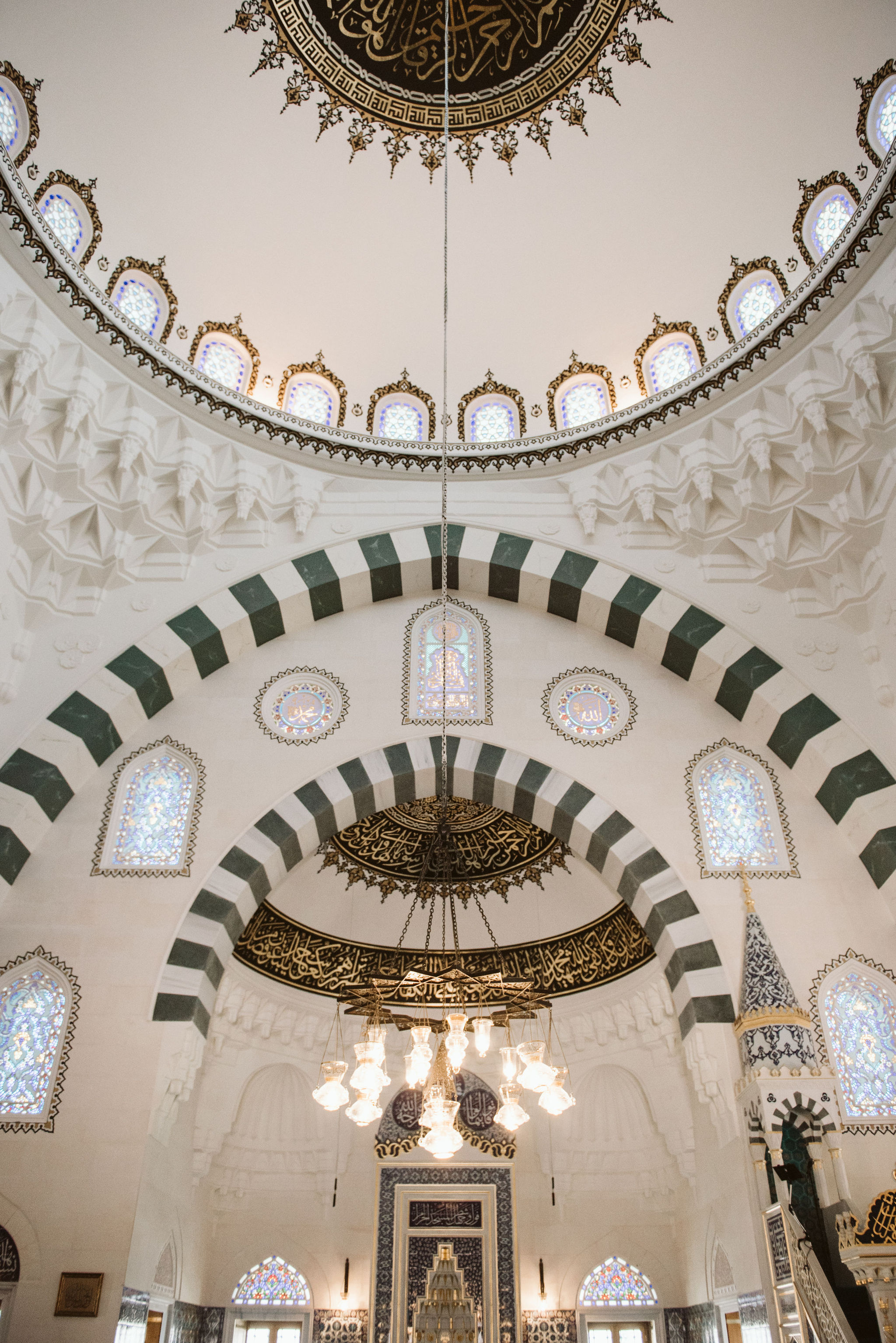  Washington DC, Baltimore Wedding Photographer, Diyanet Center of America, Spring, Intimate Wedding, Traditional, Classic, Palestinian, Turkish Design, Detail Photo of Interior with Archways and Elaborate Light Fixture 