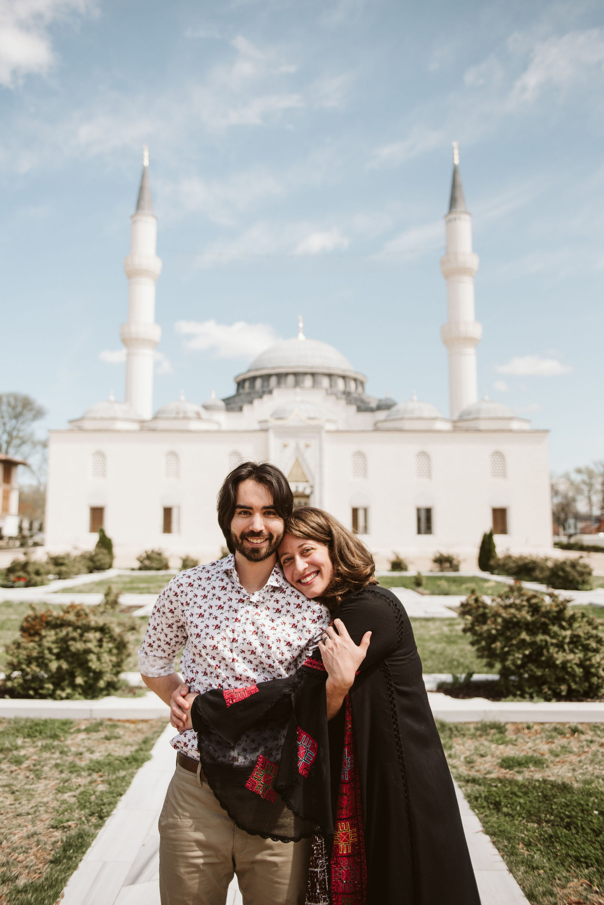  Washington DC, Baltimore Wedding Photographer, Diyanet Center of America, Spring, Intimate Wedding, Traditional, Classic, Palestinian, Turkish Design, Bride and Groom Hugging in the Garden, Just Married 
