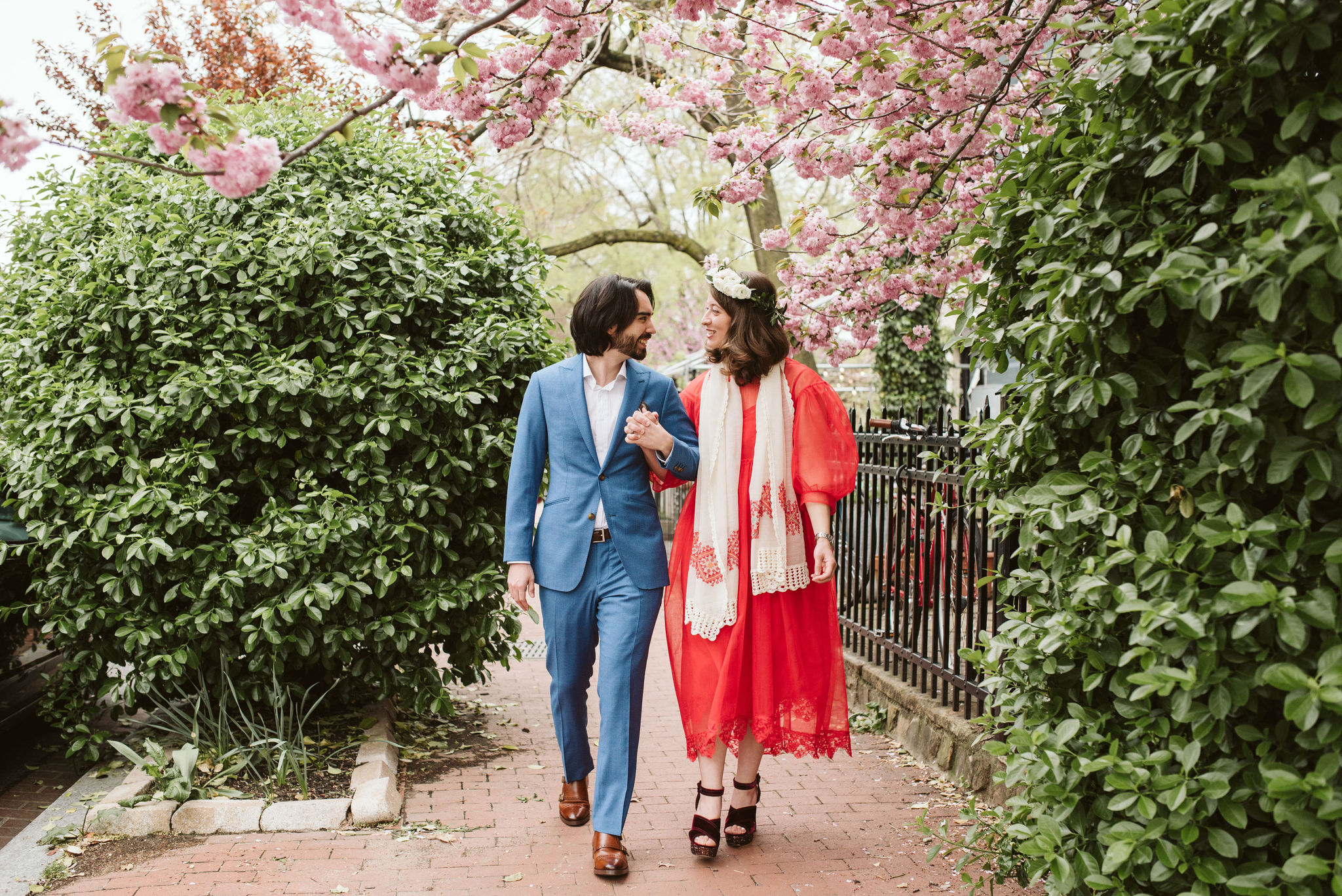  Washington DC, Baltimore Wedding Photographer, Intimate Wedding, Traditional, Classic, Palestinian, Bride and Groom Walking Hand in Hand, Red Dress, Blue Suit 