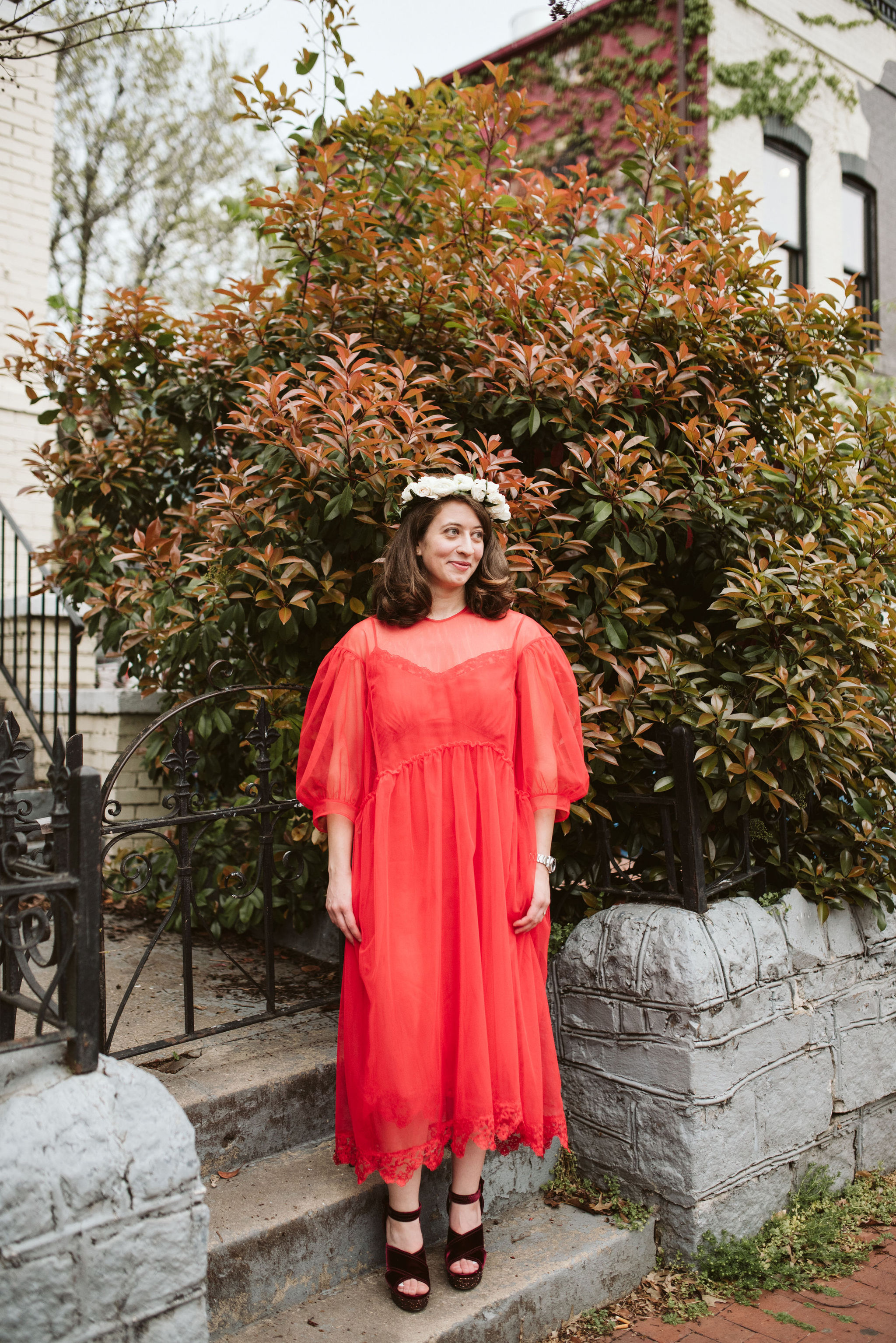  Washington DC, Baltimore Wedding Photographer, Intimate Wedding, Traditional, Classic, Palestinian, Portrait of Bride in front of Foliage, Flower Crown, Red Dress 