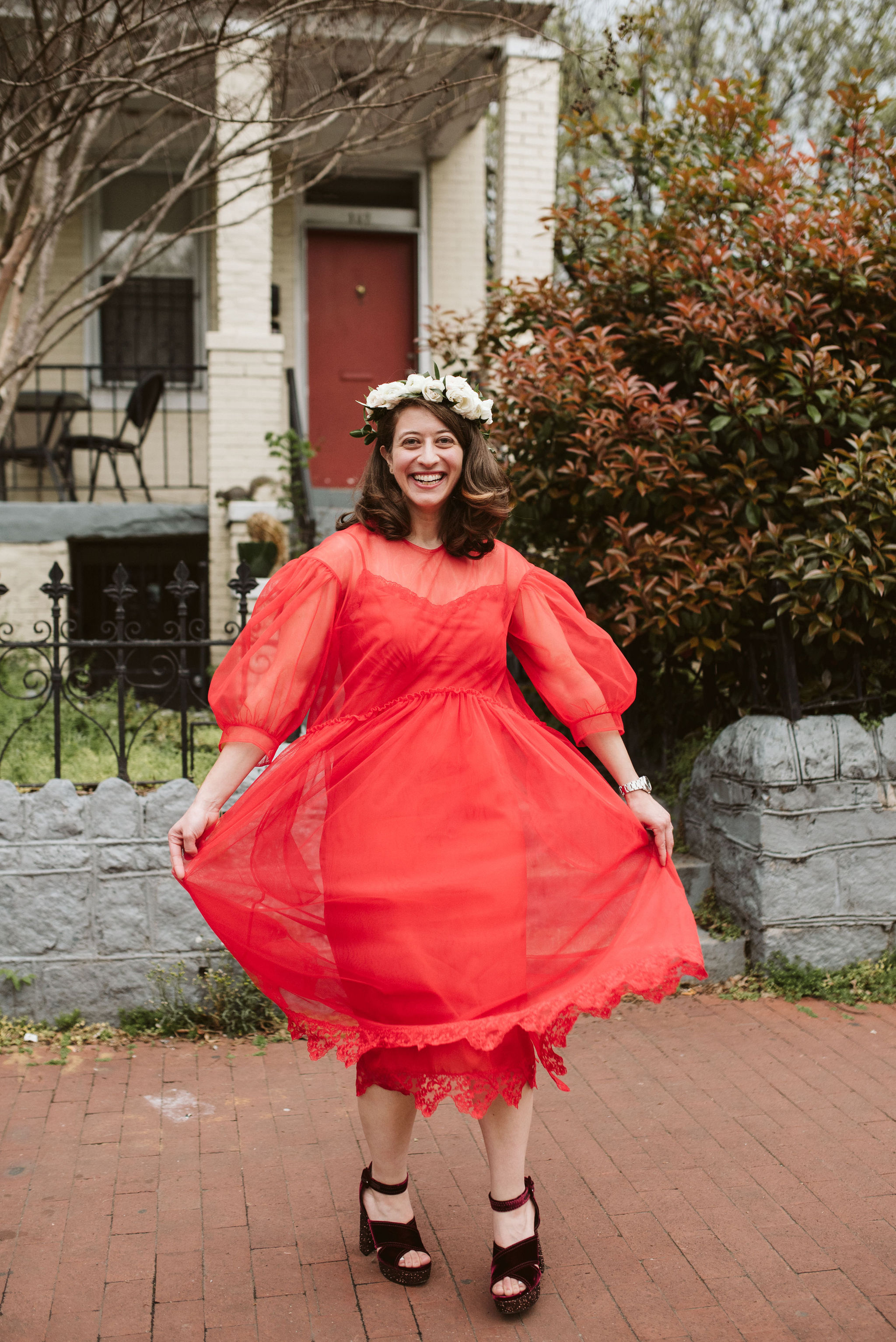  Washington DC, Baltimore Wedding Photographer, Intimate Wedding, Traditional, Classic, Palestinian, Portrait of Bride Twirling in Red Dress 