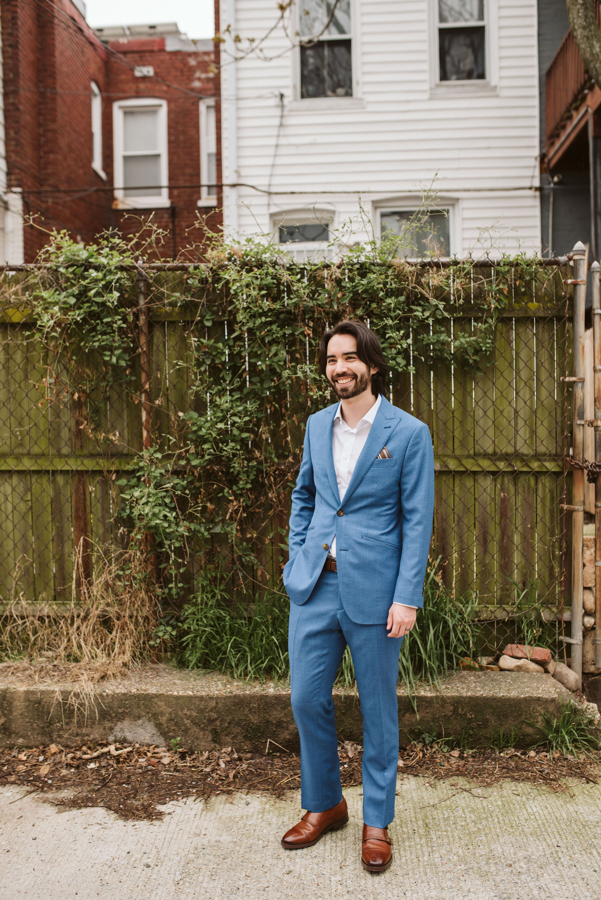  Washington DC, Baltimore Wedding Photographer, Intimate Wedding, Traditional, Classic, Palestinian, Portrait of Groom on City Street, Blue Suit 
