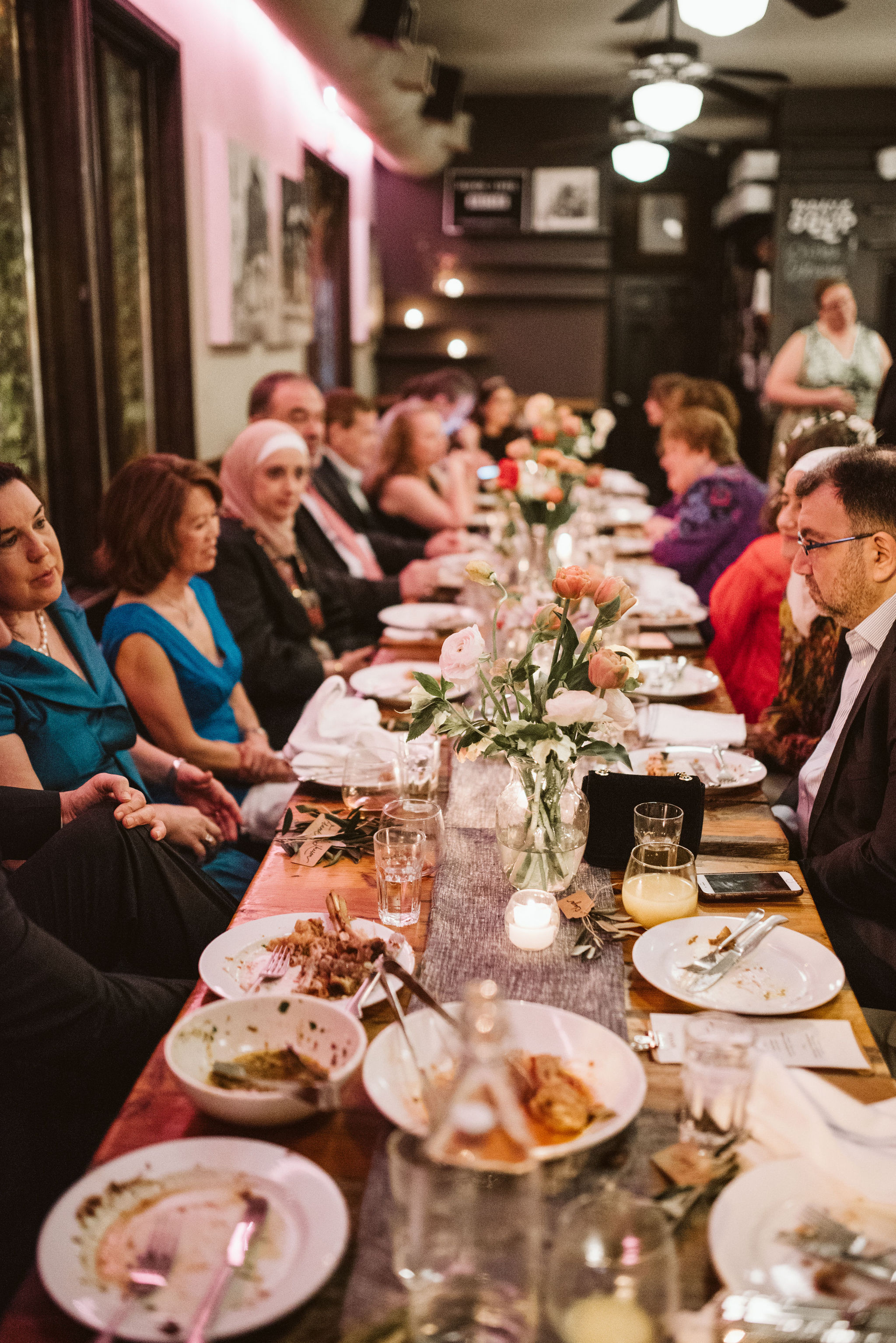  Washington DC, Baltimore Wedding Photographer, Intimate Wedding, Traditional, Classic, Big Bear Cafe, Photo of Entire Table at Reception While Guests Chat Together 