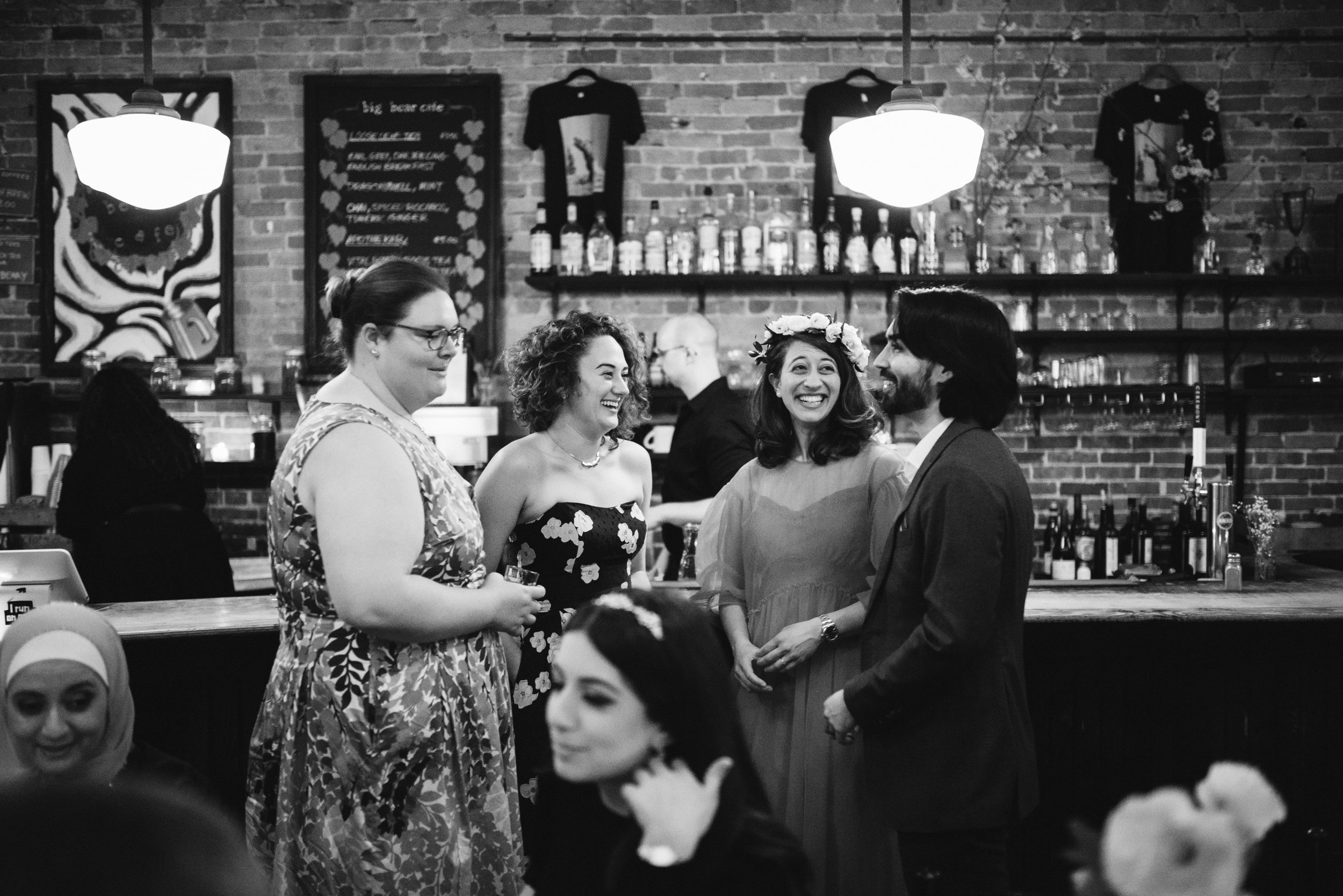  Washington DC, Baltimore Wedding Photographer, Intimate Wedding, Traditional, Classic, Big Bear Cafe, Black and White Photo of Couple Laughing with Friends 