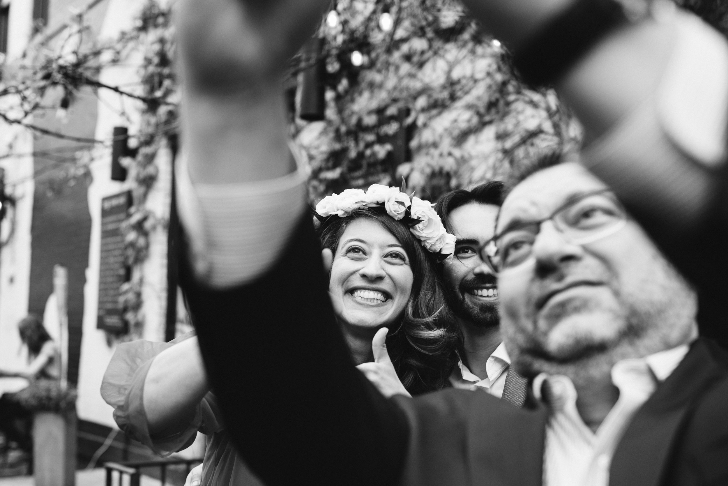  Washington DC, Baltimore Wedding Photographer, Intimate Wedding, Traditional, Classic, Big Bear Cafe, Black and White Photo of Couple Taking Selfies with Family 