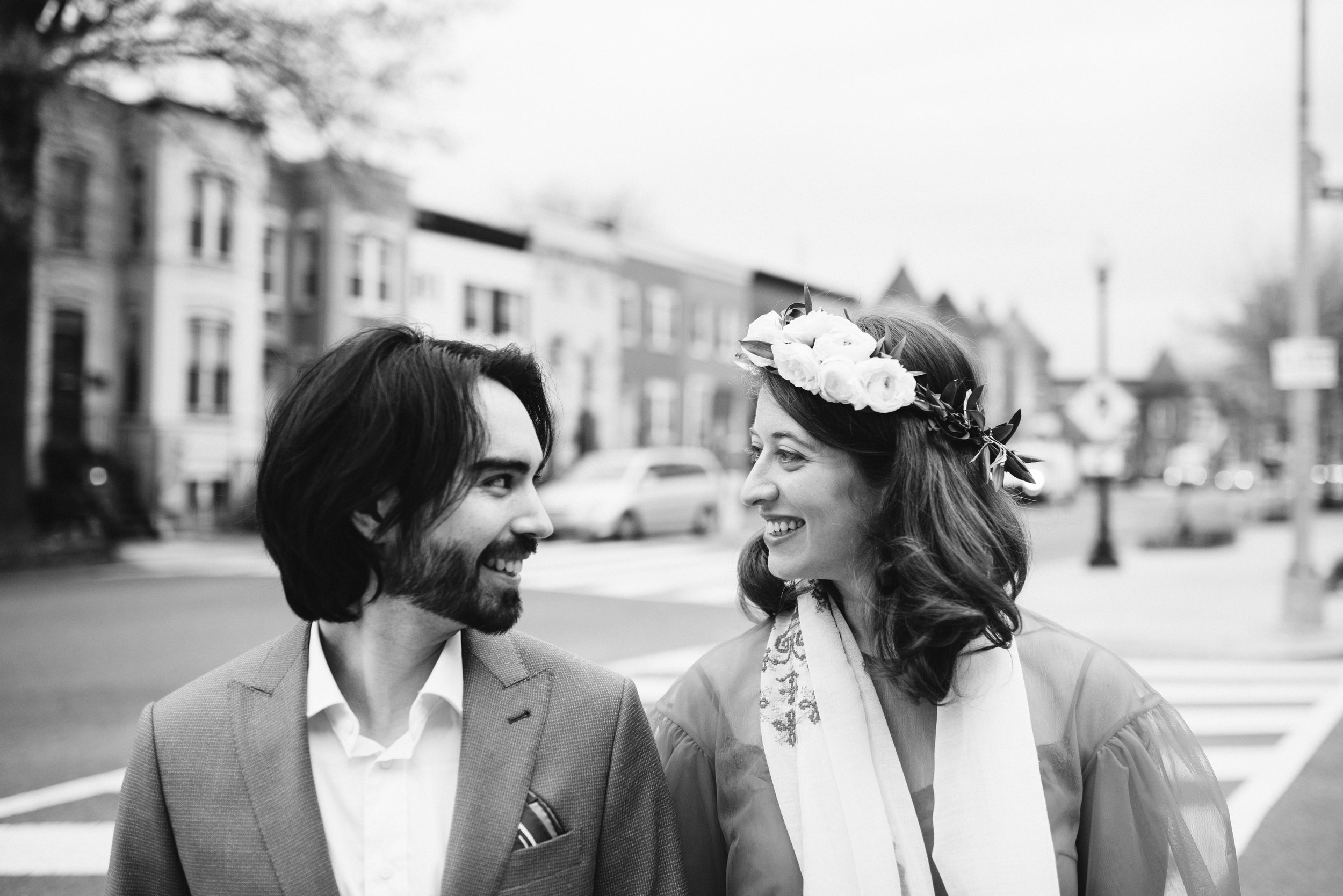  Washington DC, Baltimore Wedding Photographer, Intimate Wedding, Traditional, Classic, Palestinian, Black and White Photo of Bride and Groom Smiling Together, White Rose Flower Crown 
