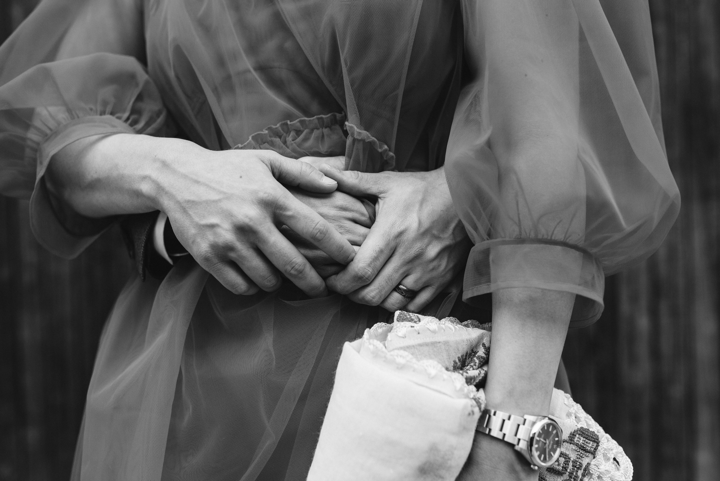  Washington DC, Baltimore Wedding Photographer, Intimate Wedding, Traditional, Classic, Palestinian, Closeup of Bride and Groom Holding Hands, Black and White Photo 